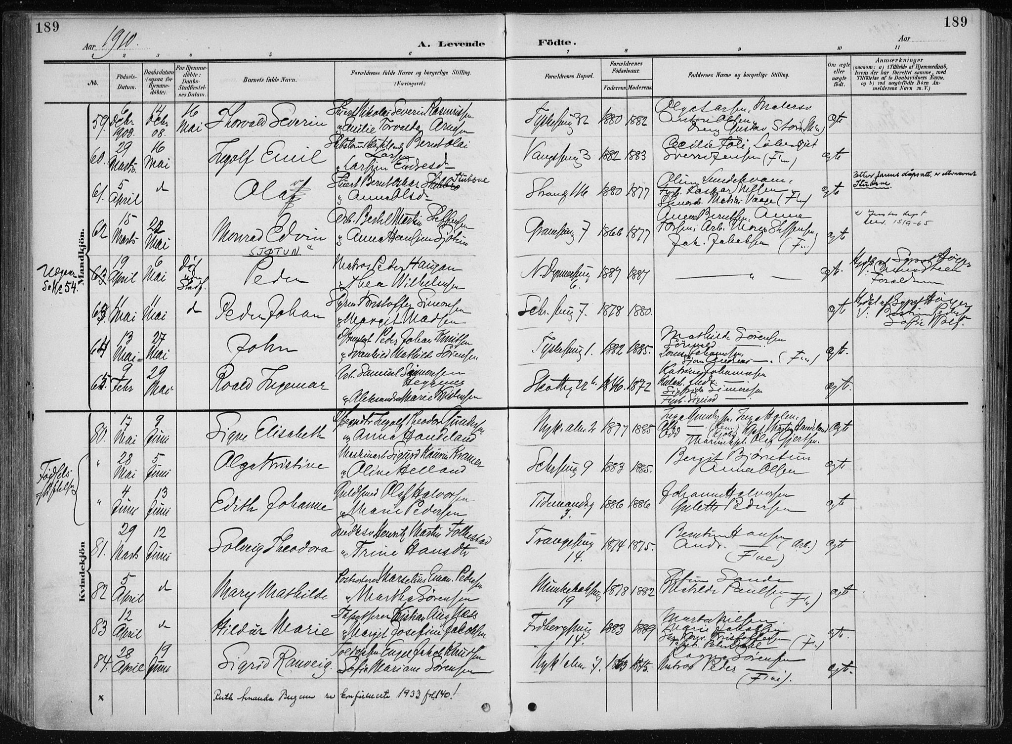 Nykirken Sokneprestembete, AV/SAB-A-77101/H/Haa/L0019: Parish register (official) no. B 7, 1904-1916, p. 189