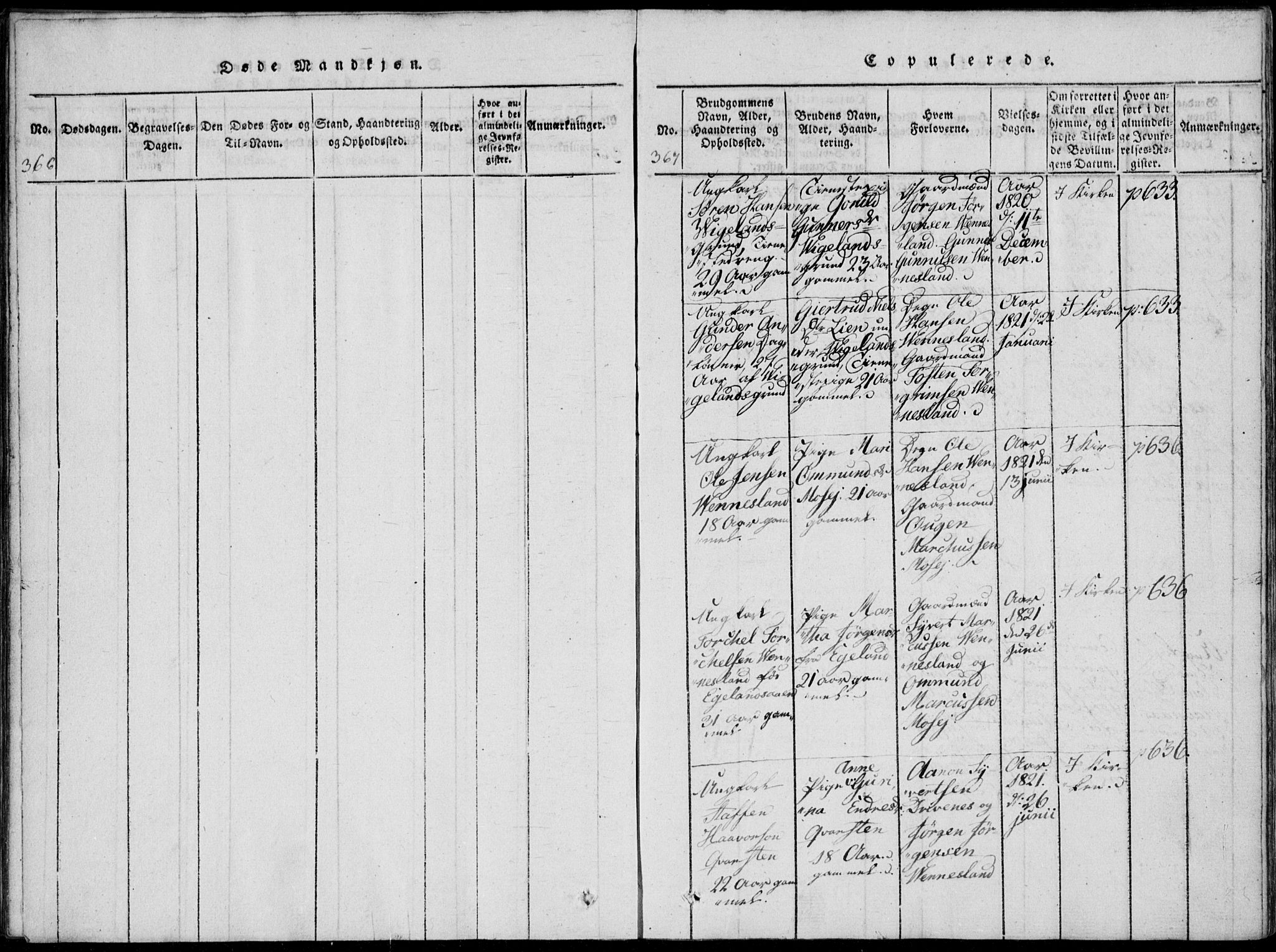 Vennesla sokneprestkontor, AV/SAK-1111-0045/Fa/Fab/L0003: Parish register (official) no. A 3, 1820-1834, p. 366-367