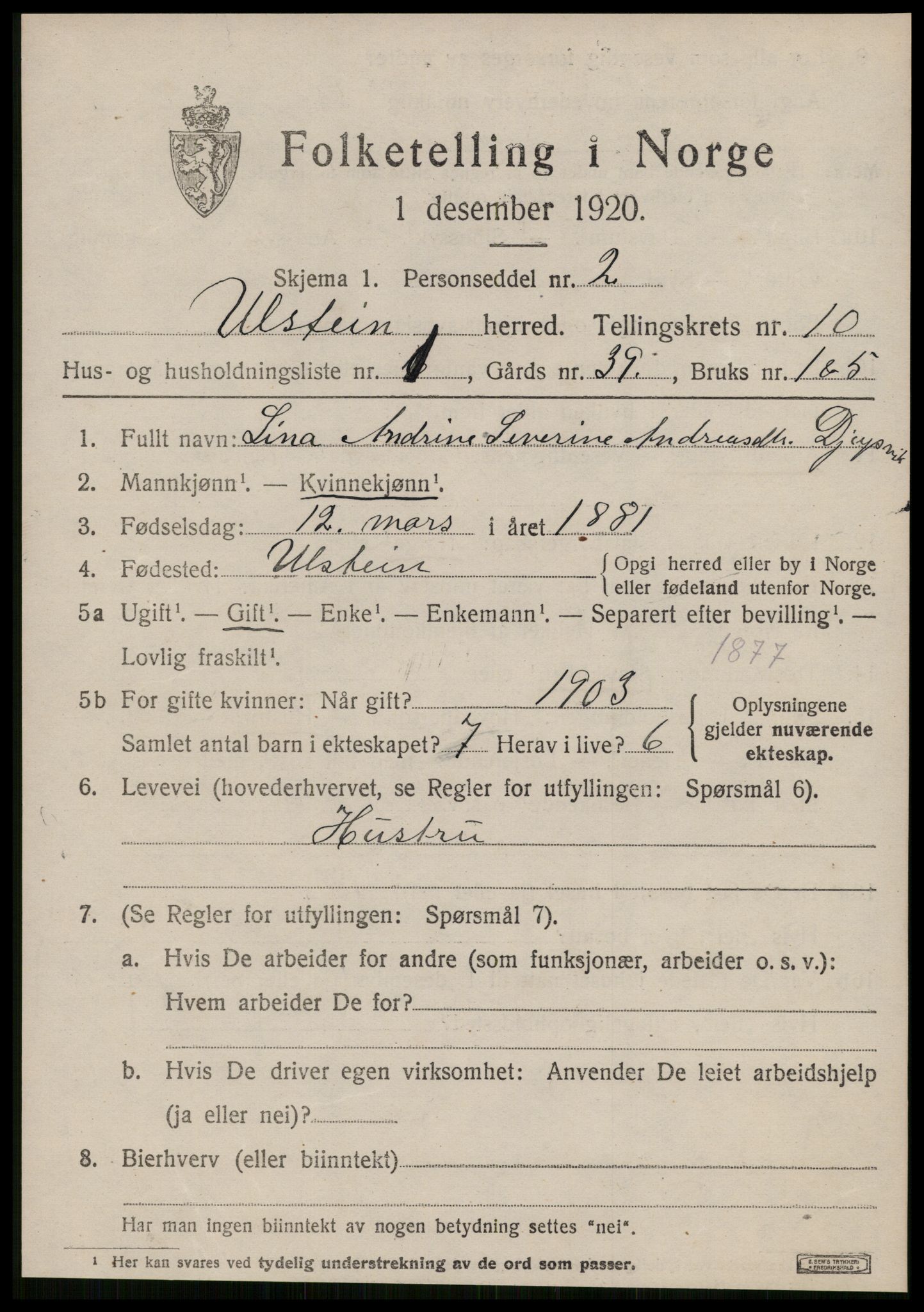 SAT, 1920 census for Ulstein, 1920, p. 5316