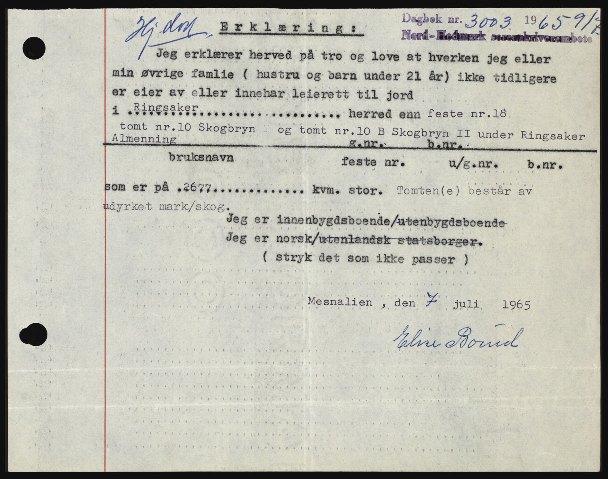 Nord-Hedmark sorenskriveri, SAH/TING-012/H/Hc/L0022: Mortgage book no. 22, 1965-1965, Diary no: : 3003/1965