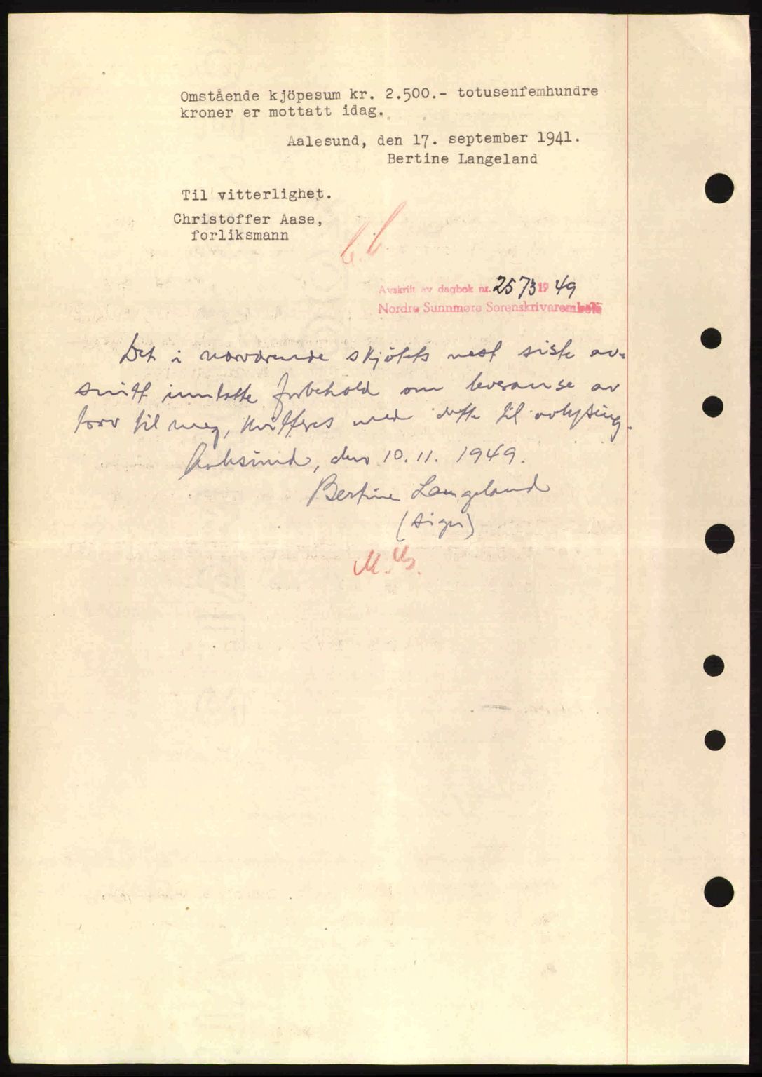 Nordre Sunnmøre sorenskriveri, SAT/A-0006/1/2/2C/2Ca: Mortgage book no. A11, 1941-1941, Diary no: : 1536/1941