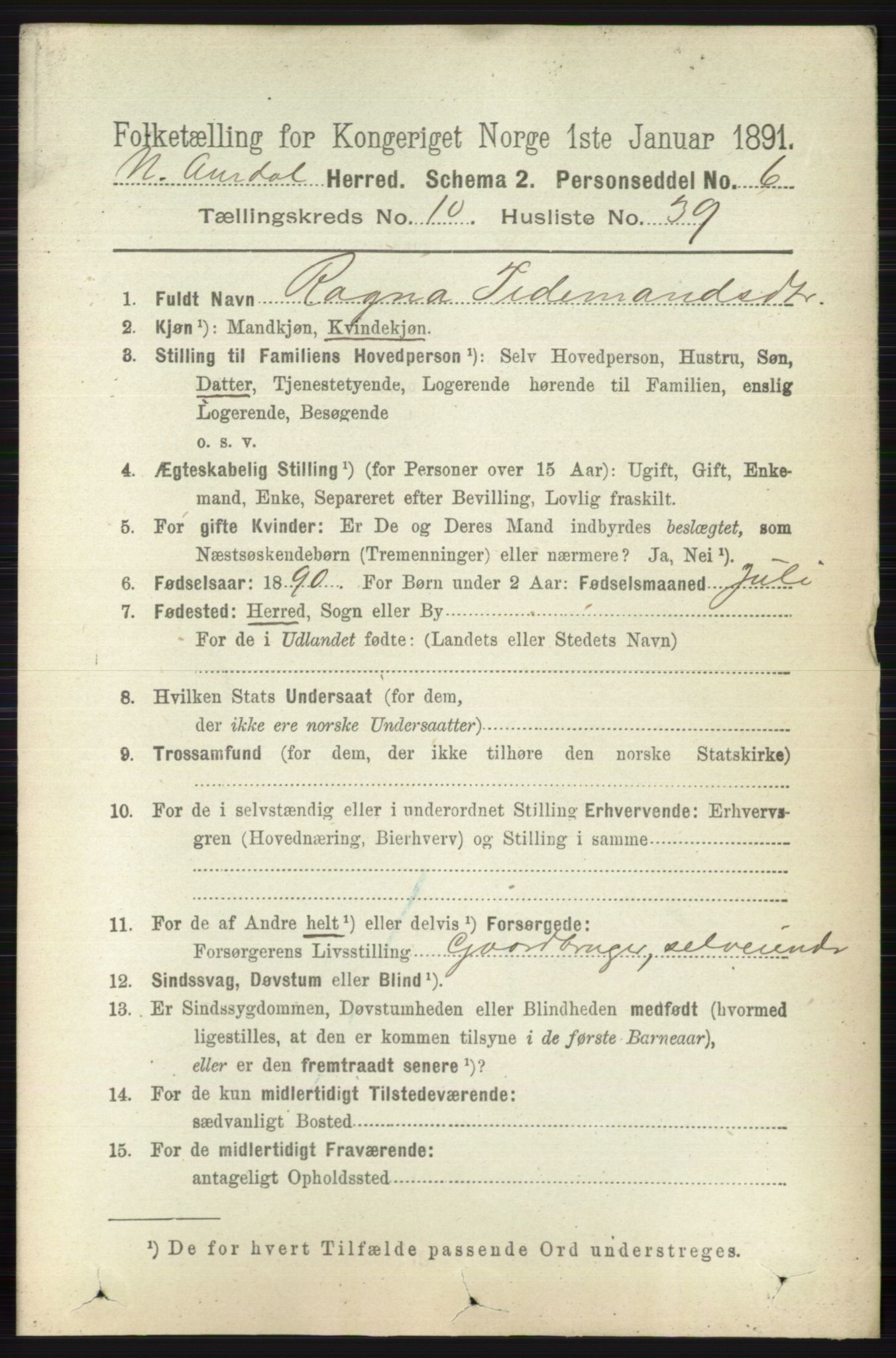 RA, 1891 census for 0542 Nord-Aurdal, 1891, p. 4008