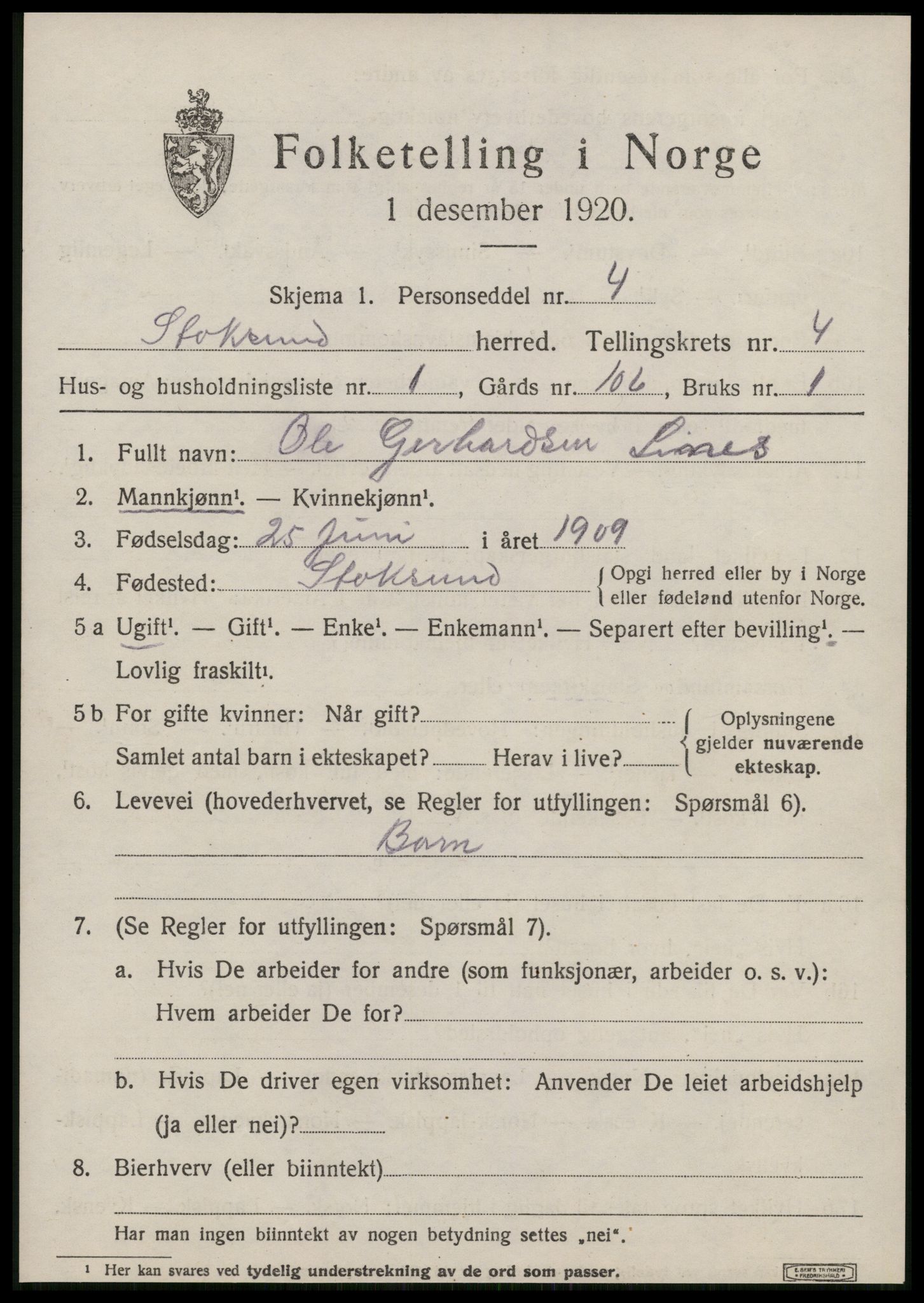 SAT, 1920 census for Stoksund, 1920, p. 1958