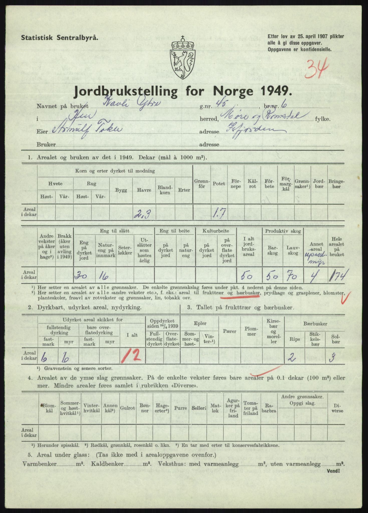 Statistisk sentralbyrå, Næringsøkonomiske emner, Jordbruk, skogbruk, jakt, fiske og fangst, AV/RA-S-2234/G/Gc/L0323: Møre og Romsdal: Grytten og Hen, 1949, p. 713