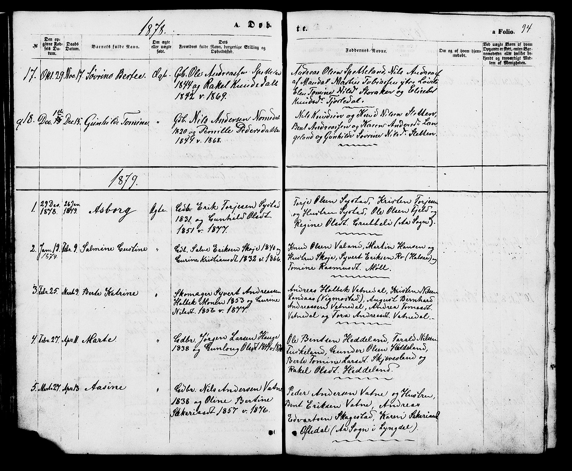 Holum sokneprestkontor, AV/SAK-1111-0022/F/Fb/Fba/L0004: Parish register (copy) no. B 4, 1867-1890, p. 94