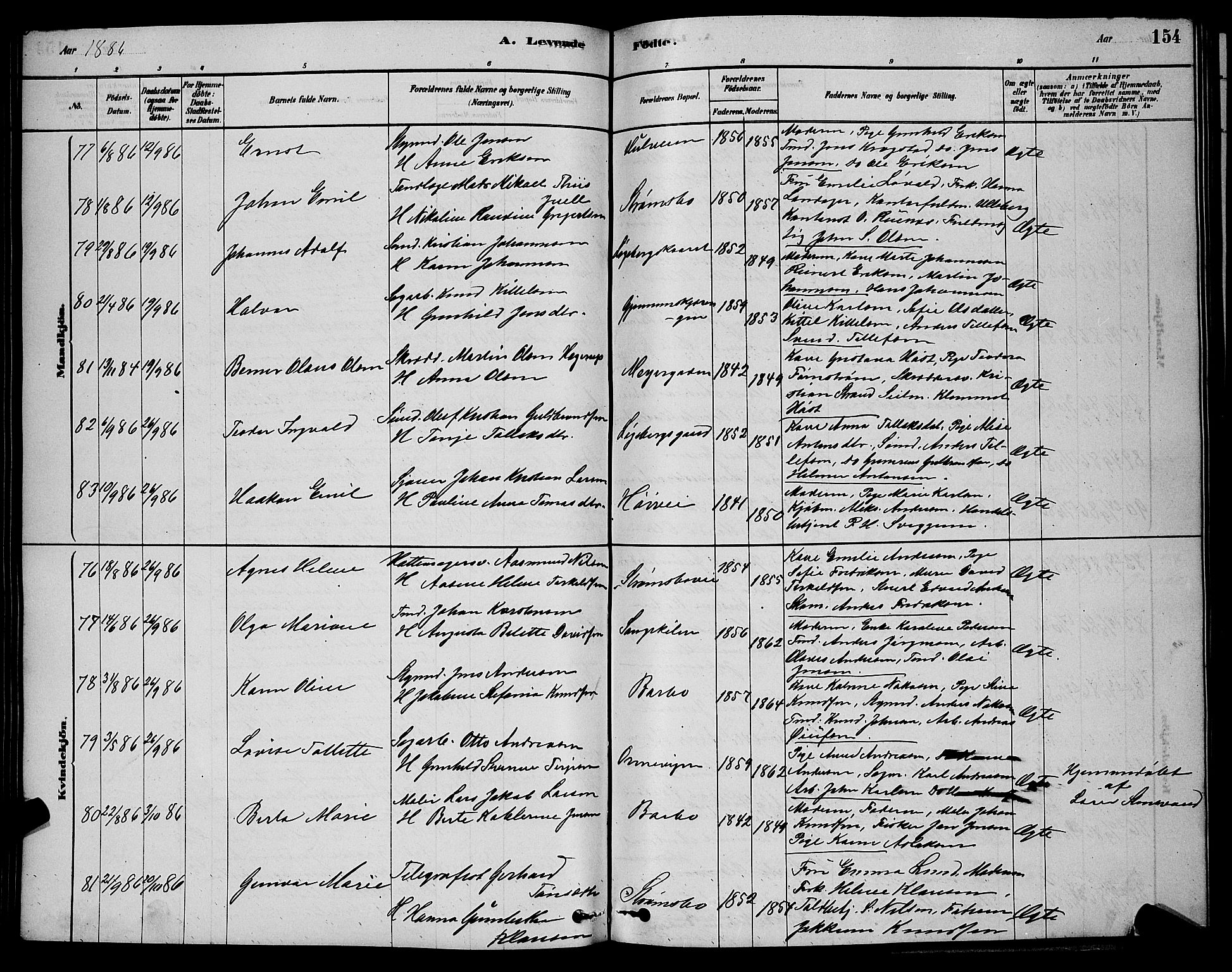 Barbu sokneprestkontor, AV/SAK-1111-0003/F/Fb/L0001: Parish register (copy) no. B 1, 1878-1890, p. 154