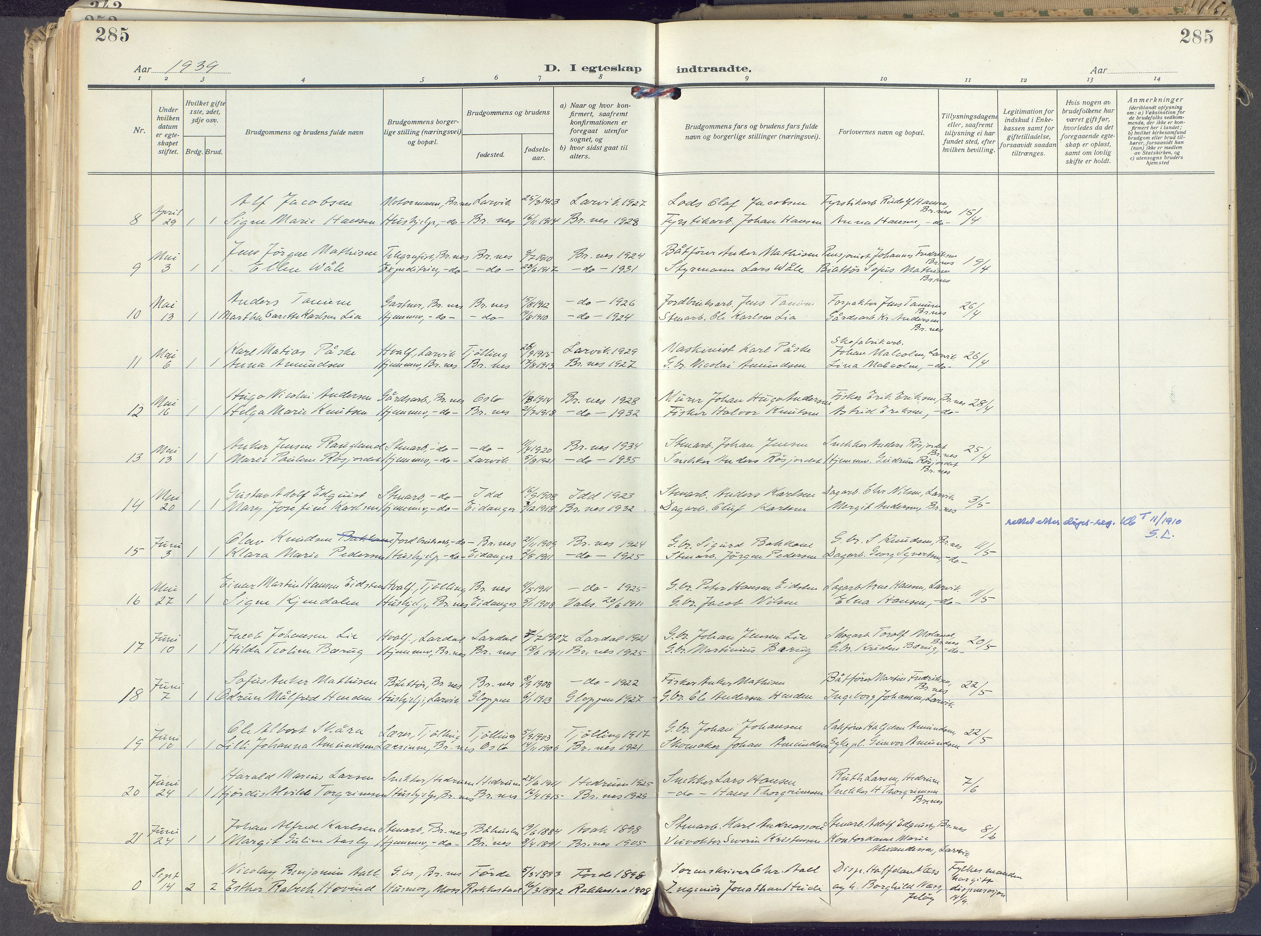 Brunlanes kirkebøker, AV/SAKO-A-342/F/Fc/L0004: Parish register (official) no. III 4, 1923-1943, p. 285