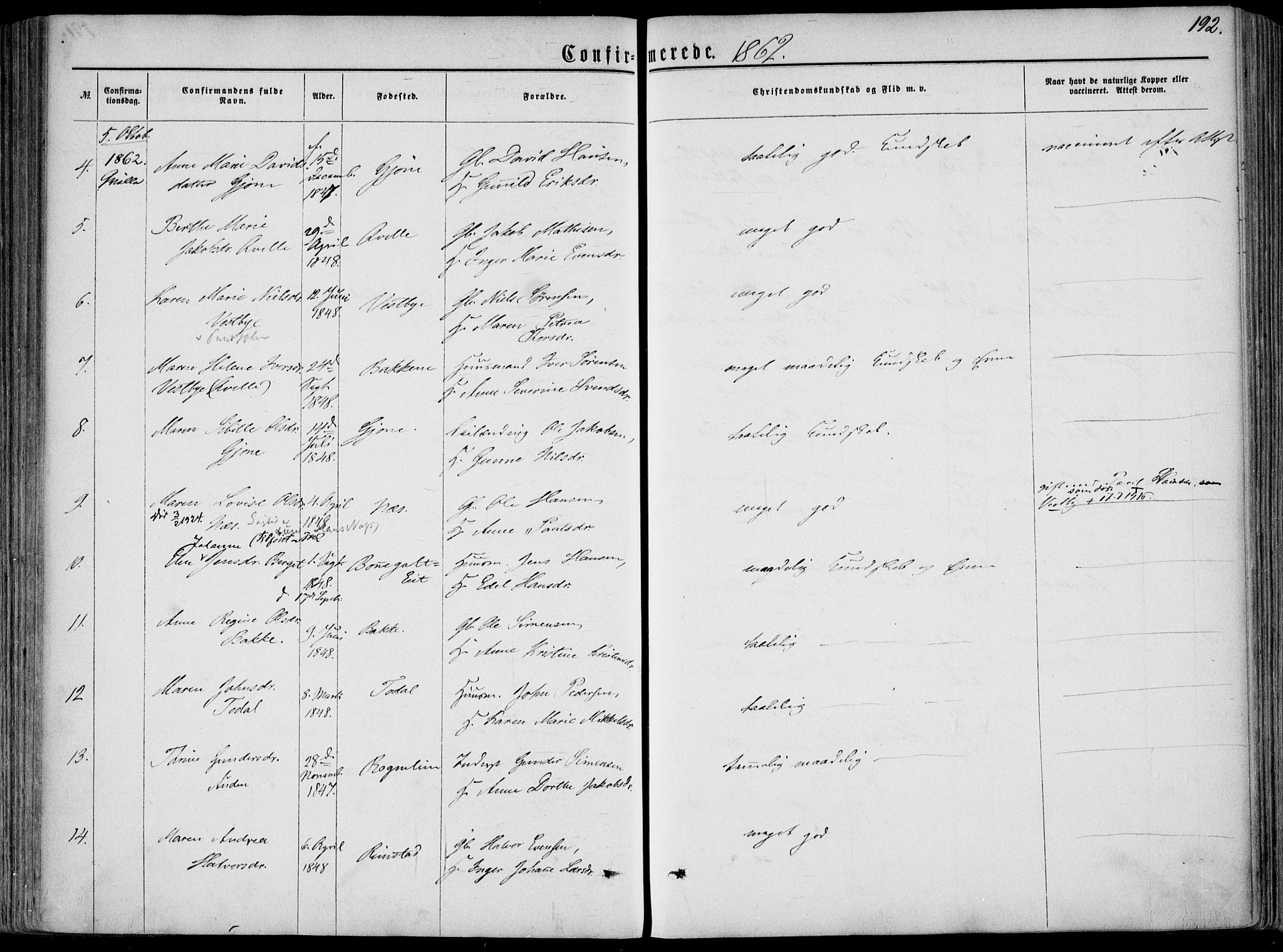 Hedrum kirkebøker, AV/SAKO-A-344/F/Fa/L0007: Parish register (official) no. I 7, 1857-1868, p. 192