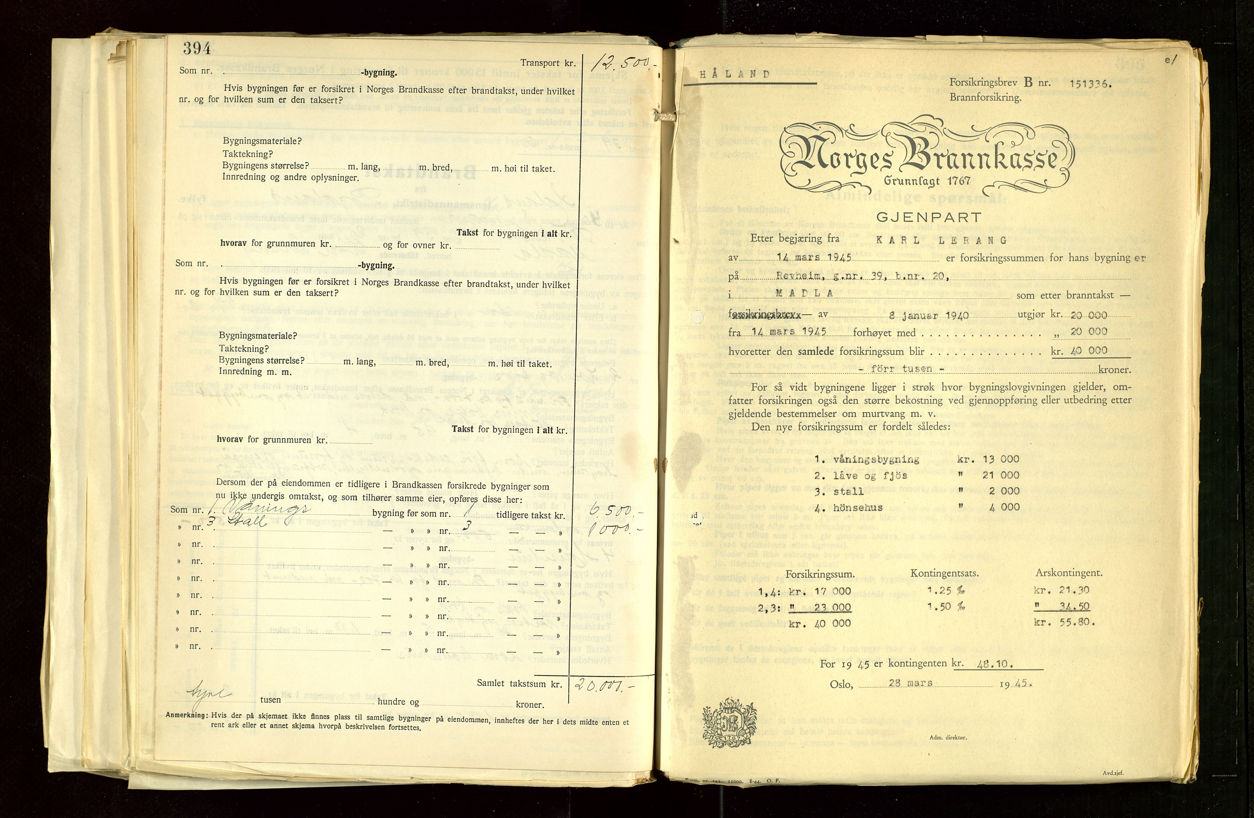 Håland lensmannskontor, SAST/A-100100/Gob/L0012: "Brandtakstprotokoll" - skjematakst. Register i boken., 1938-1941, p. 394-395