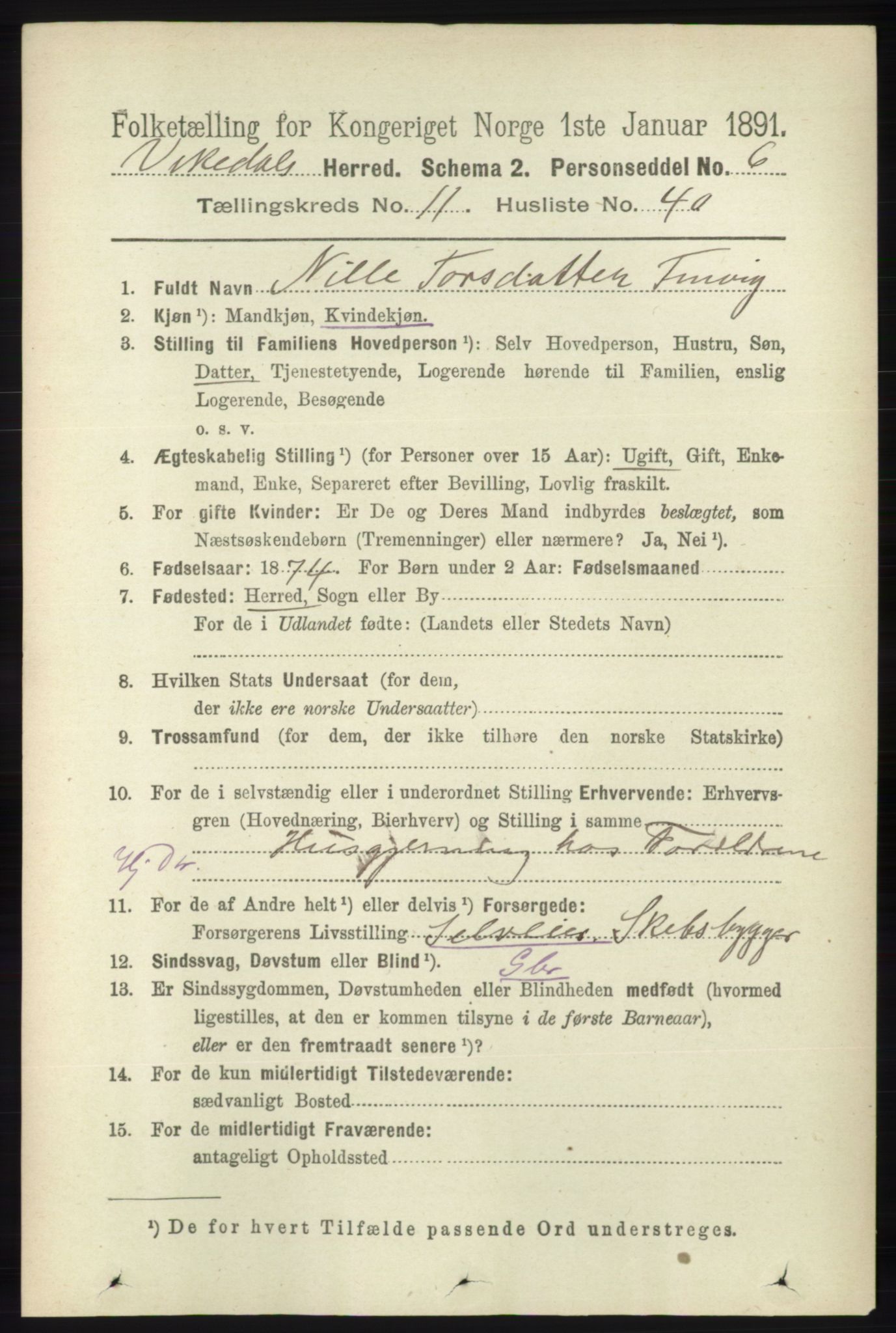 RA, 1891 census for 1157 Vikedal, 1891, p. 3093