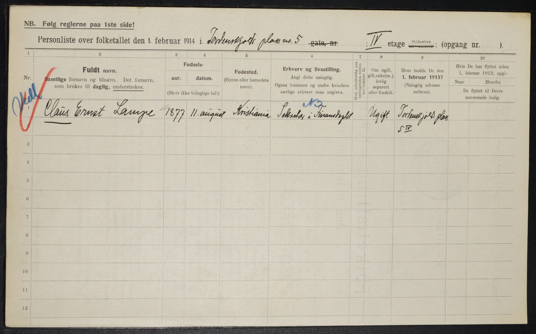 OBA, Municipal Census 1914 for Kristiania, 1914, p. 114737