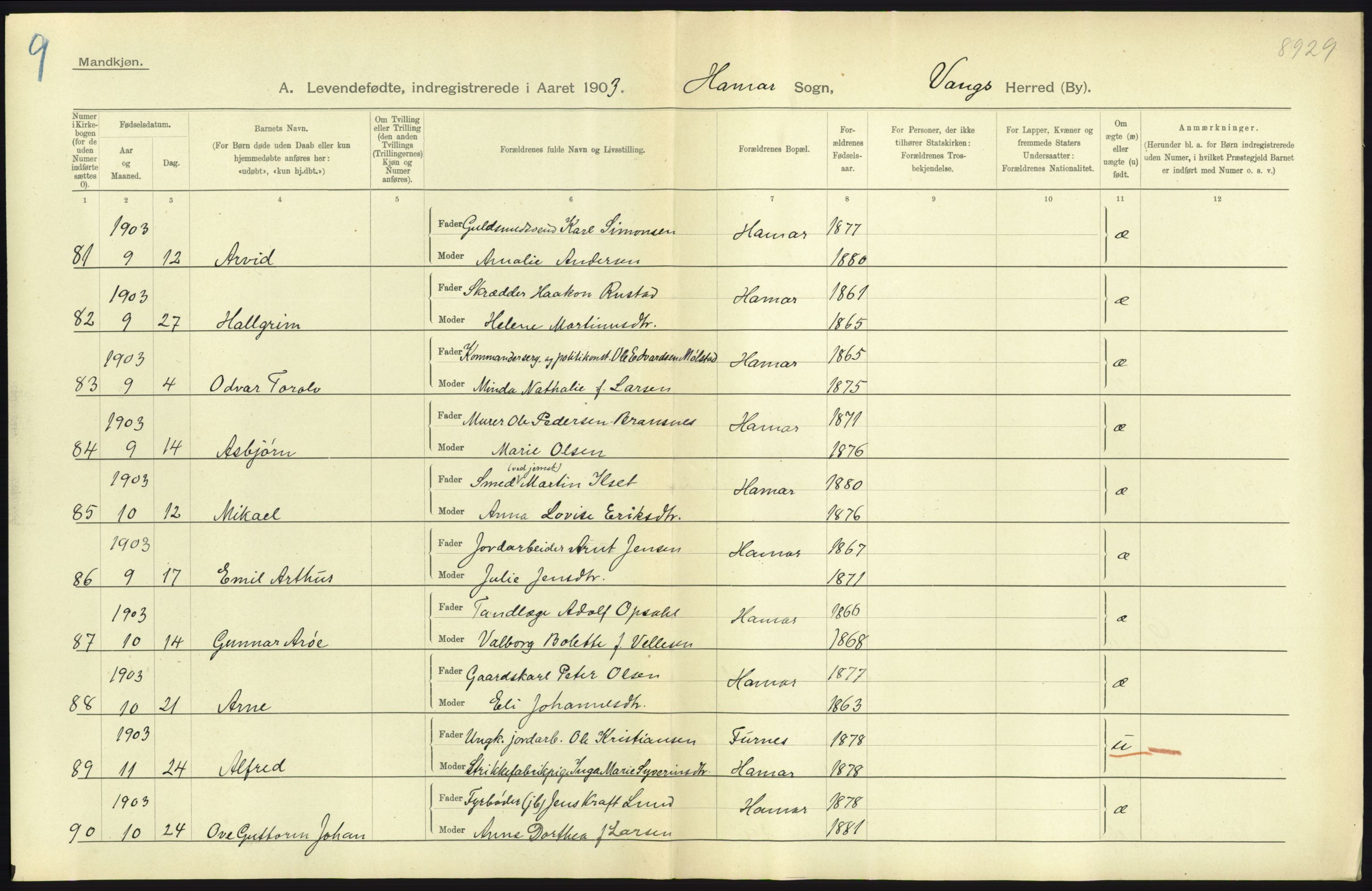 Statistisk sentralbyrå, Sosiodemografiske emner, Befolkning, AV/RA-S-2228/D/Df/Dfa/Dfaa/L0005: Hedemarkens amt: Fødte, gifte, døde, 1903, p. 727