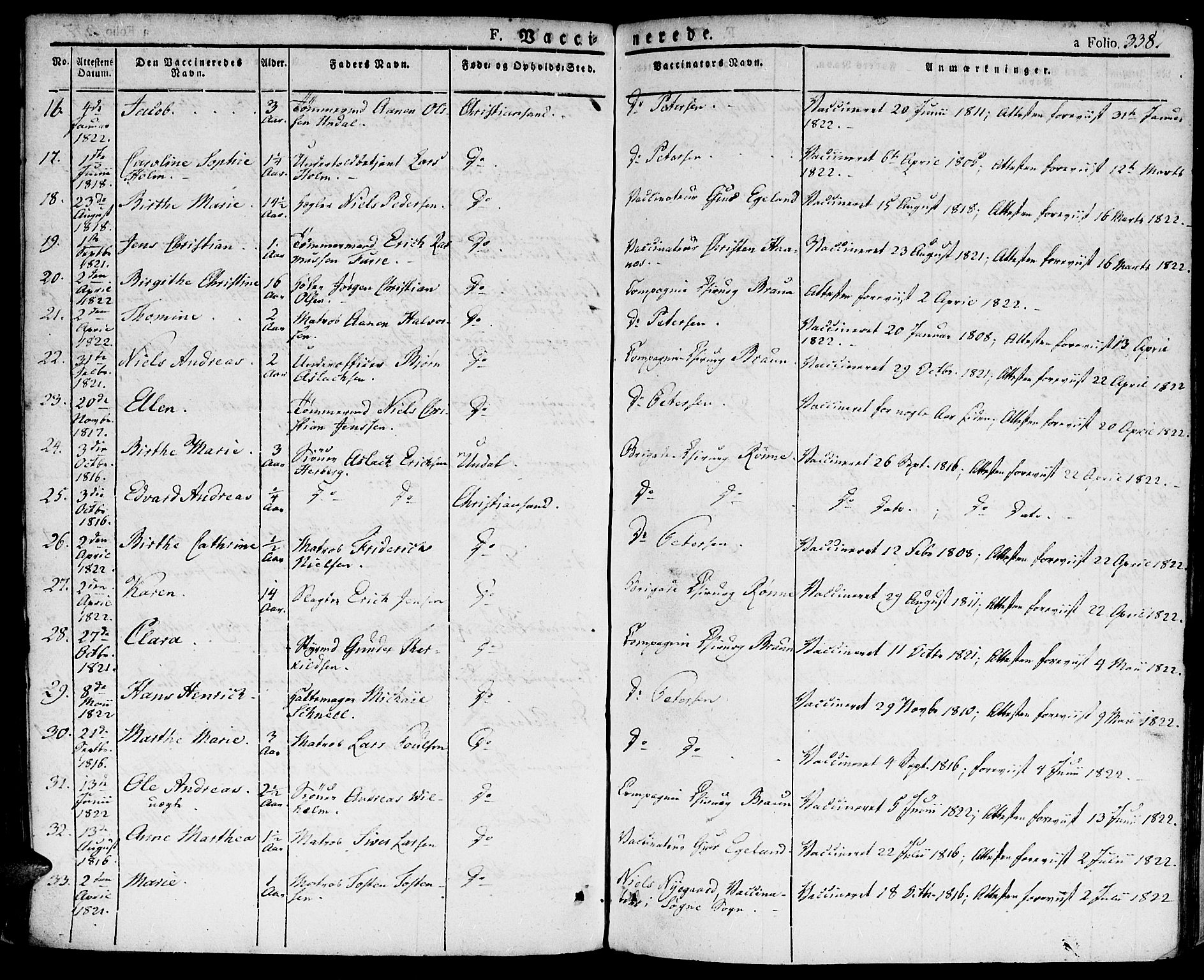 Kristiansand domprosti, SAK/1112-0006/F/Fa/L0009: Parish register (official) no. A 9, 1821-1827, p. 338