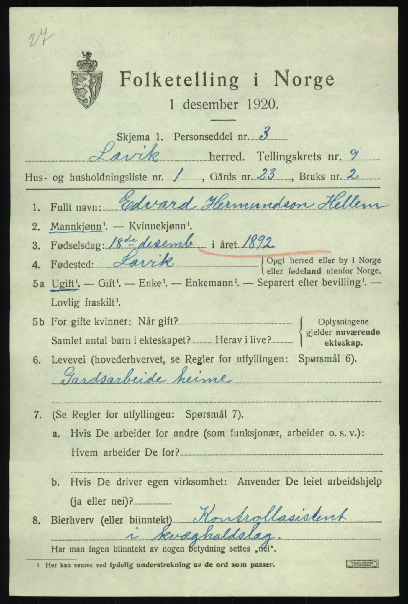 SAB, 1920 census for Lavik, 1920, p. 1910