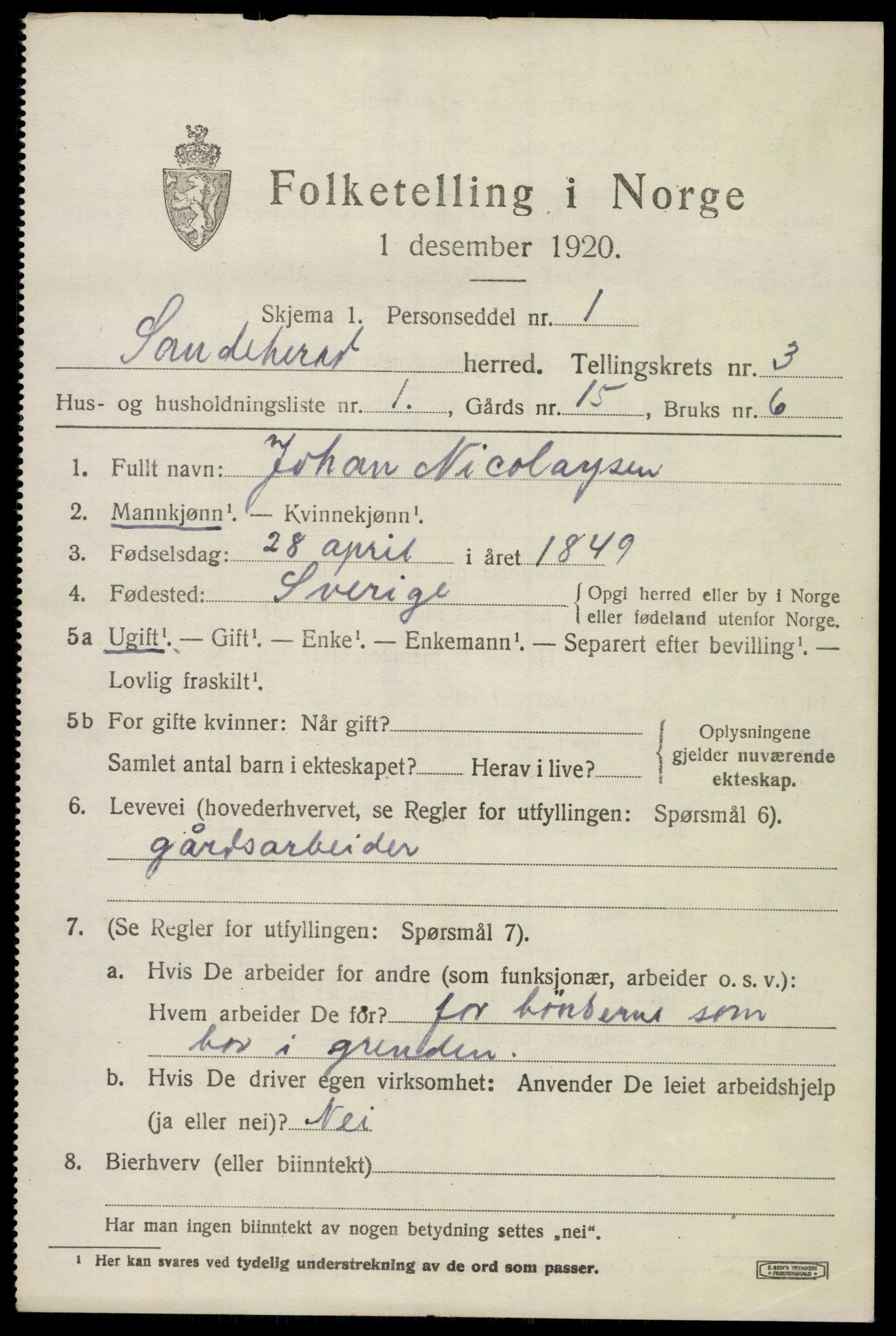 SAKO, 1920 census for Sandeherred, 1920, p. 5236