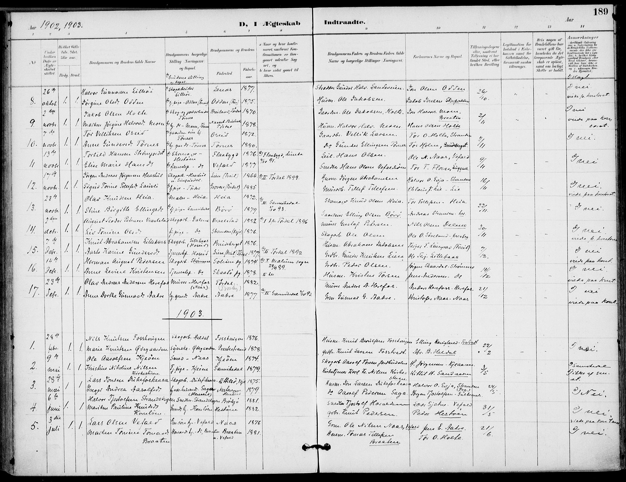 Drangedal kirkebøker, SAKO/A-258/F/Fa/L0012: Parish register (official) no. 12, 1895-1905, p. 189