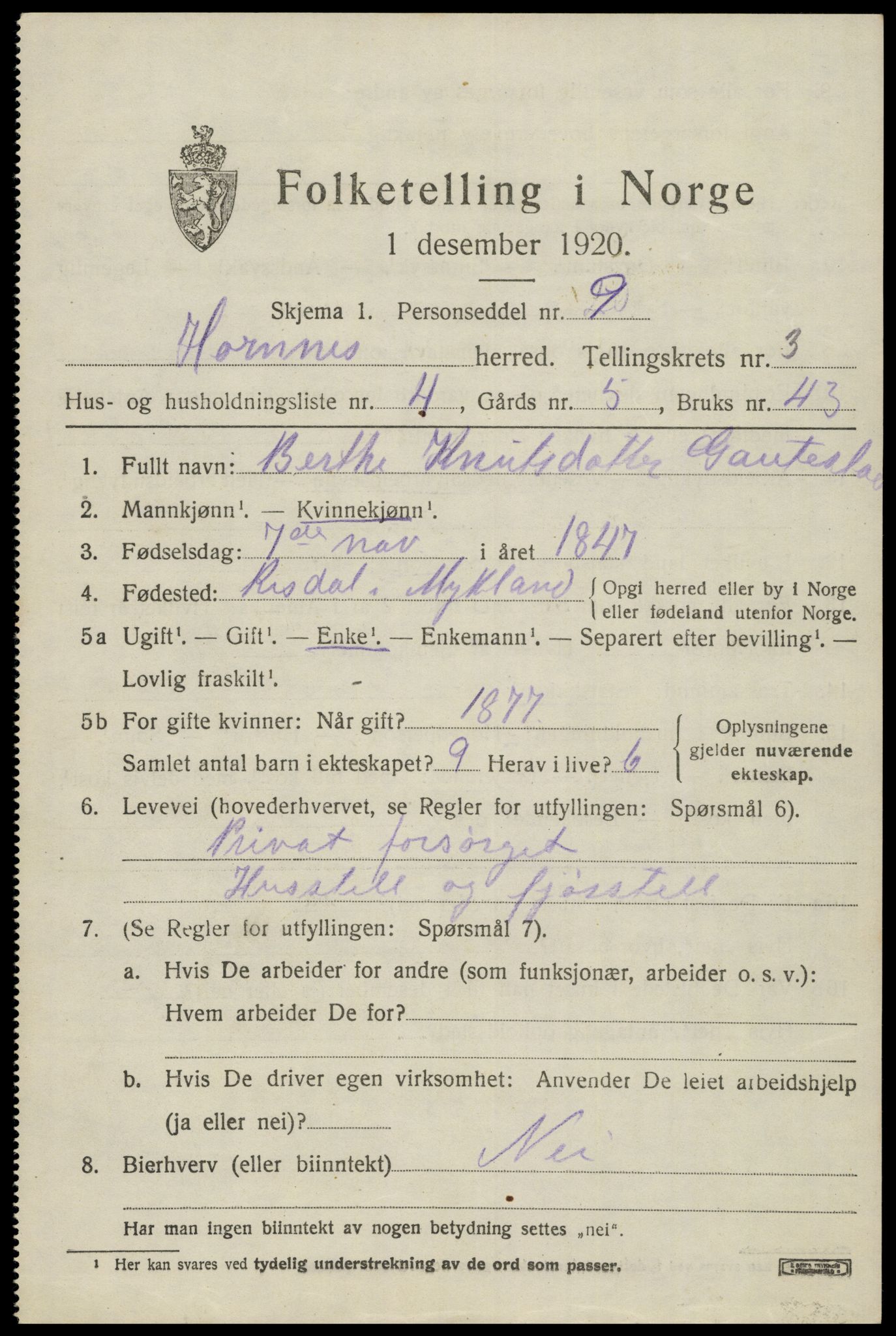 SAK, 1920 census for Hornnes, 1920, p. 841
