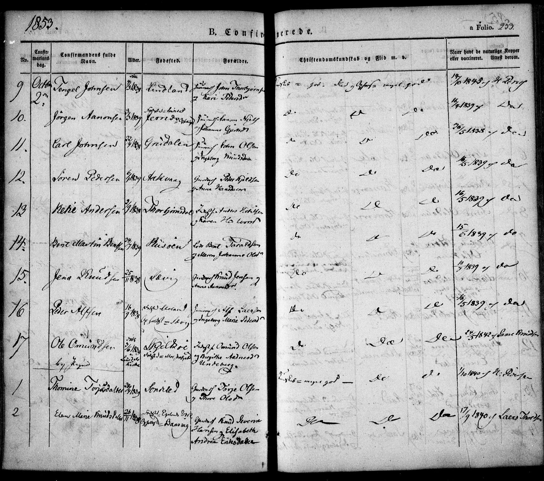 Søndeled sokneprestkontor, AV/SAK-1111-0038/F/Fa/L0002: Parish register (official) no. A 2, 1839-1860, p. 253