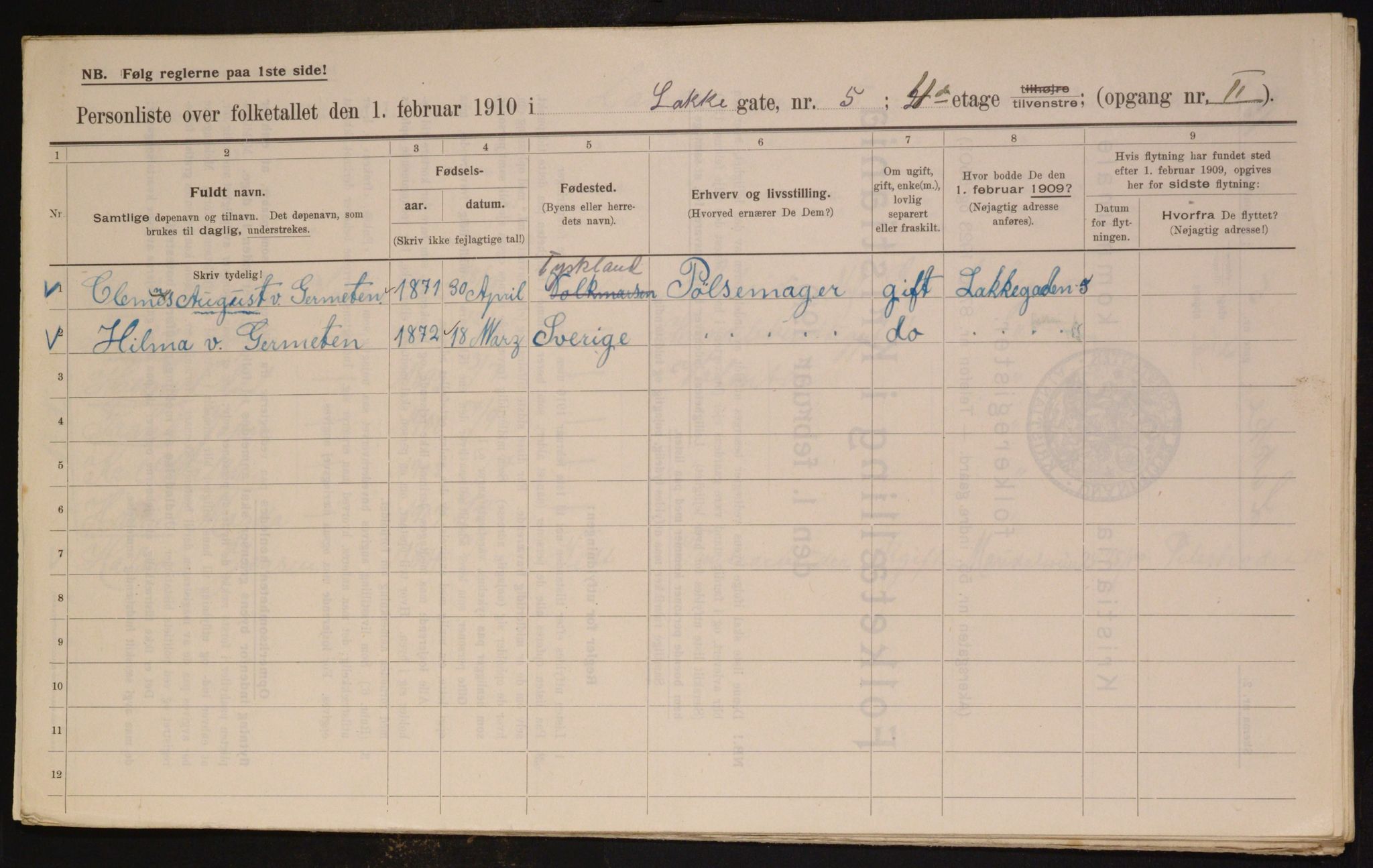 OBA, Municipal Census 1910 for Kristiania, 1910, p. 53372