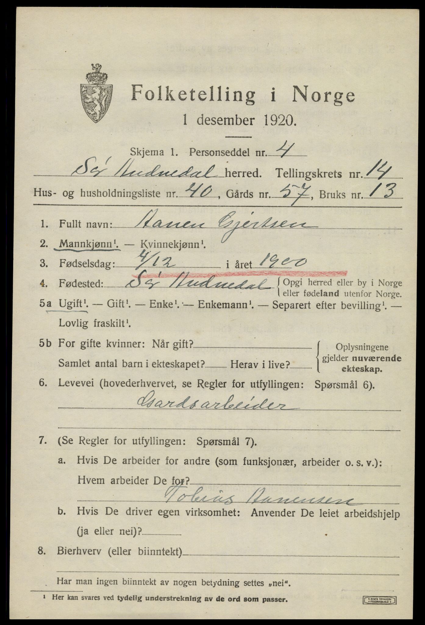 SAK, 1920 census for Sør-Audnedal, 1920, p. 5565