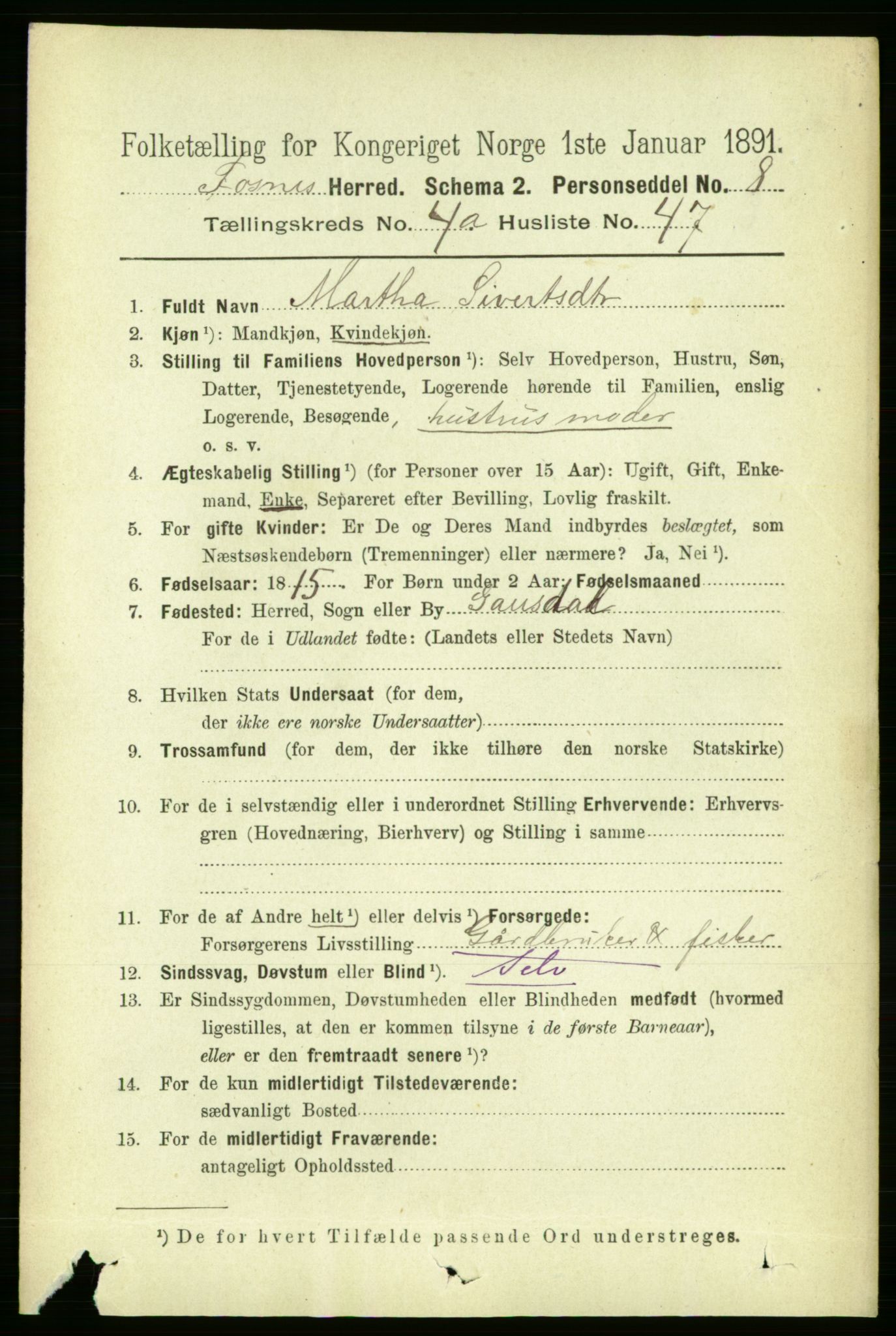 RA, 1891 census for 1748 Fosnes, 1891, p. 1677