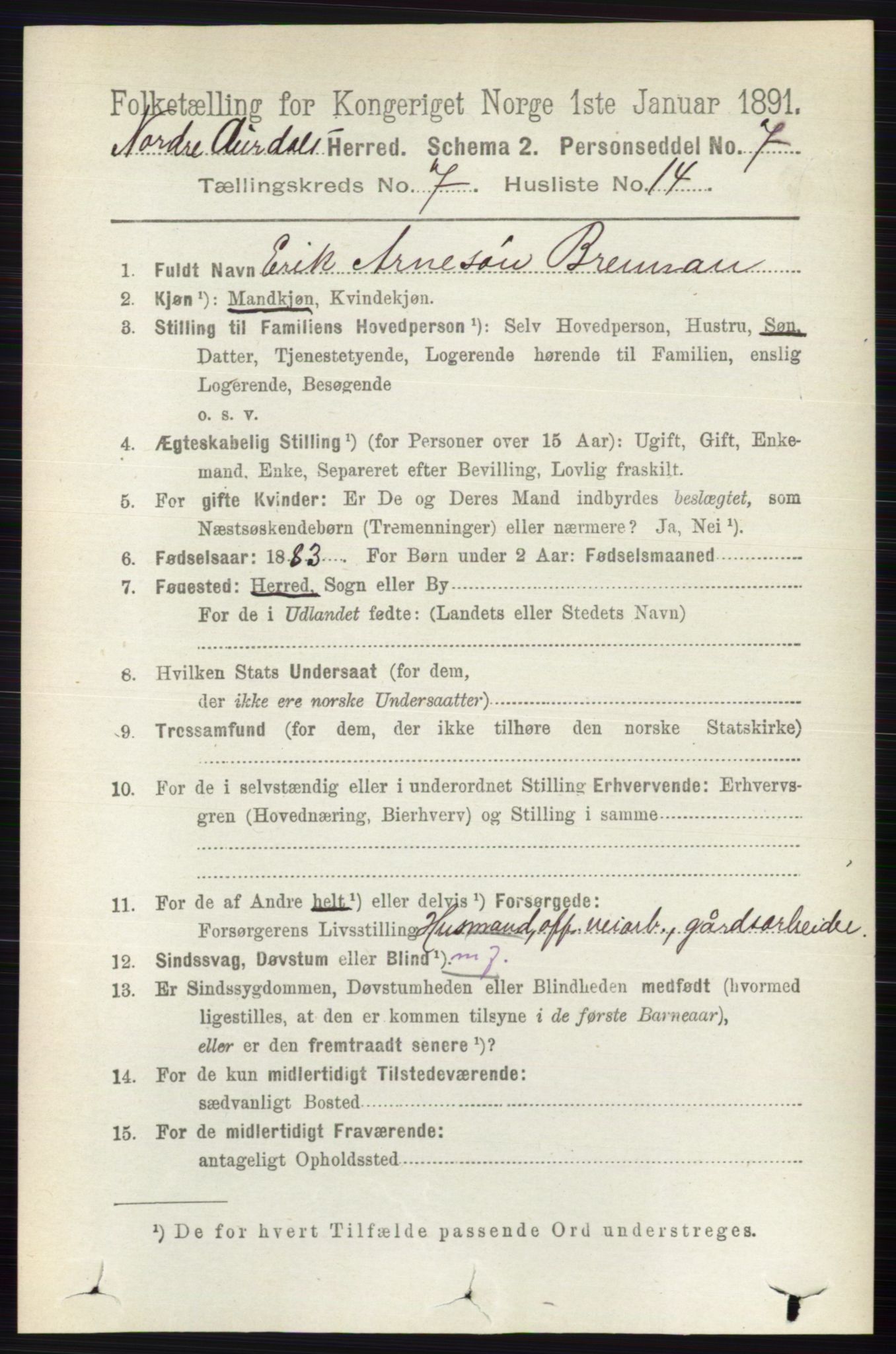 RA, 1891 census for 0542 Nord-Aurdal, 1891, p. 2464