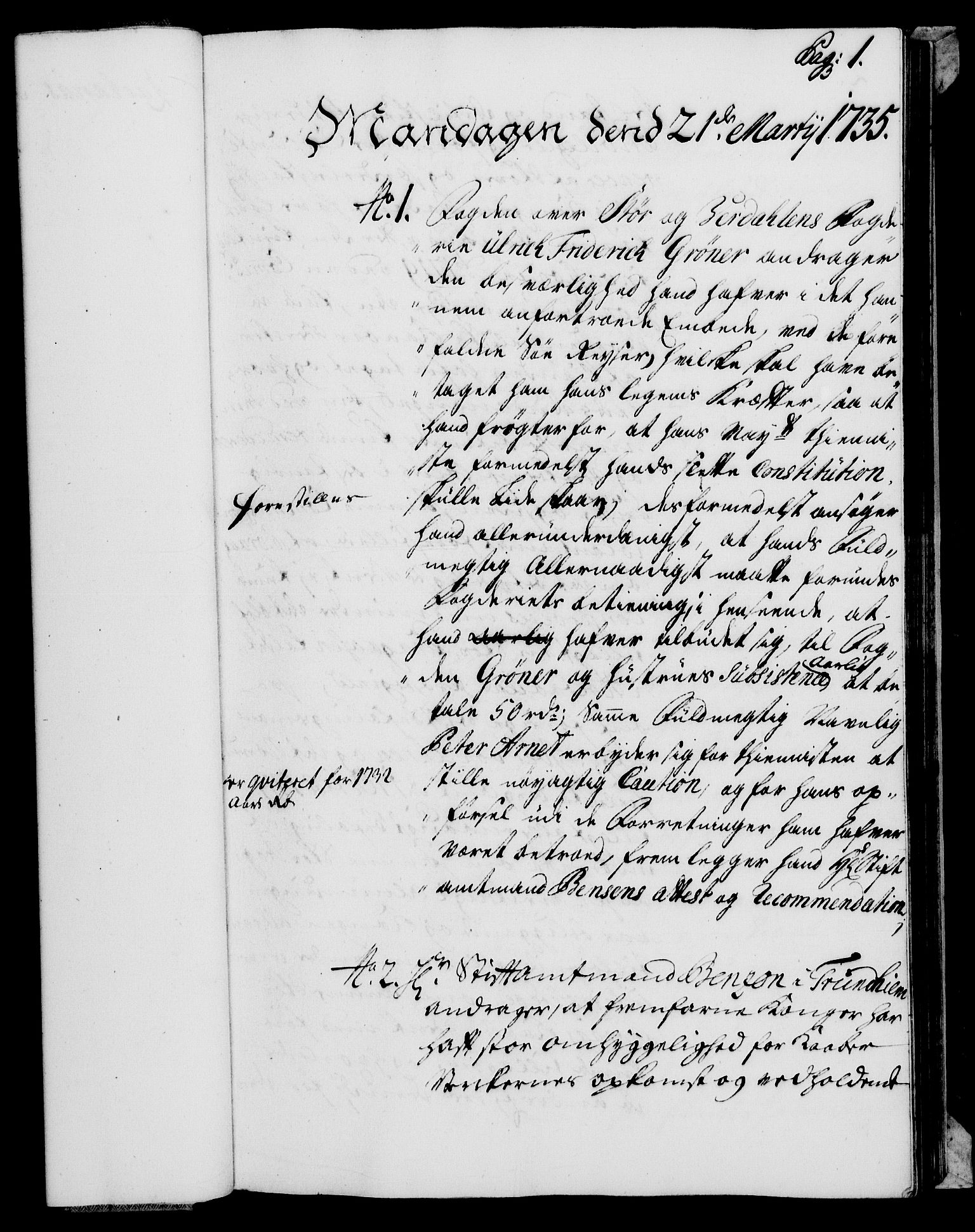 Rentekammeret, Kammerkanselliet, RA/EA-3111/G/Gh/Gha/L0017: Norsk ekstraktmemorialprotokoll (merket RK 53.62), 1735, p. 1
