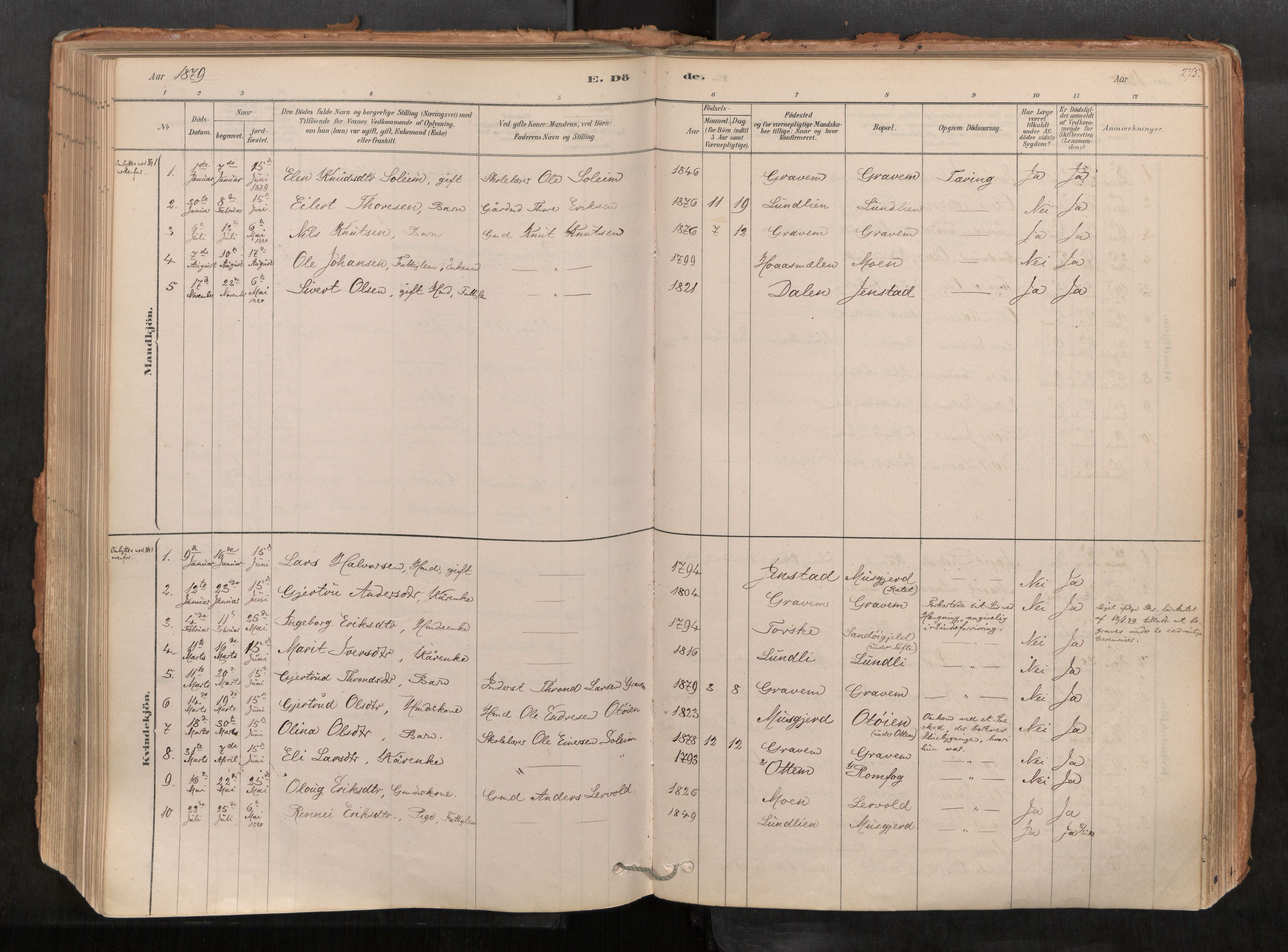 Sunndal sokneprestkontor, AV/SAT-A-1085/1/I/I1/I1a/L0001: Parish register (official) no. 1, 1877-1914, p. 275