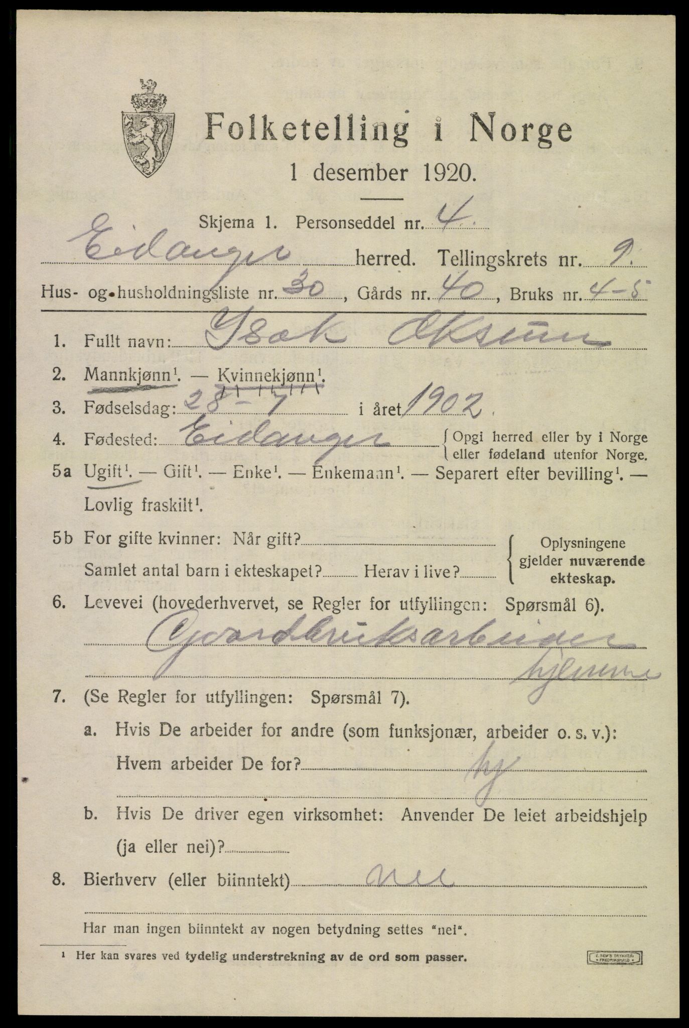 SAKO, 1920 census for Eidanger, 1920, p. 6196