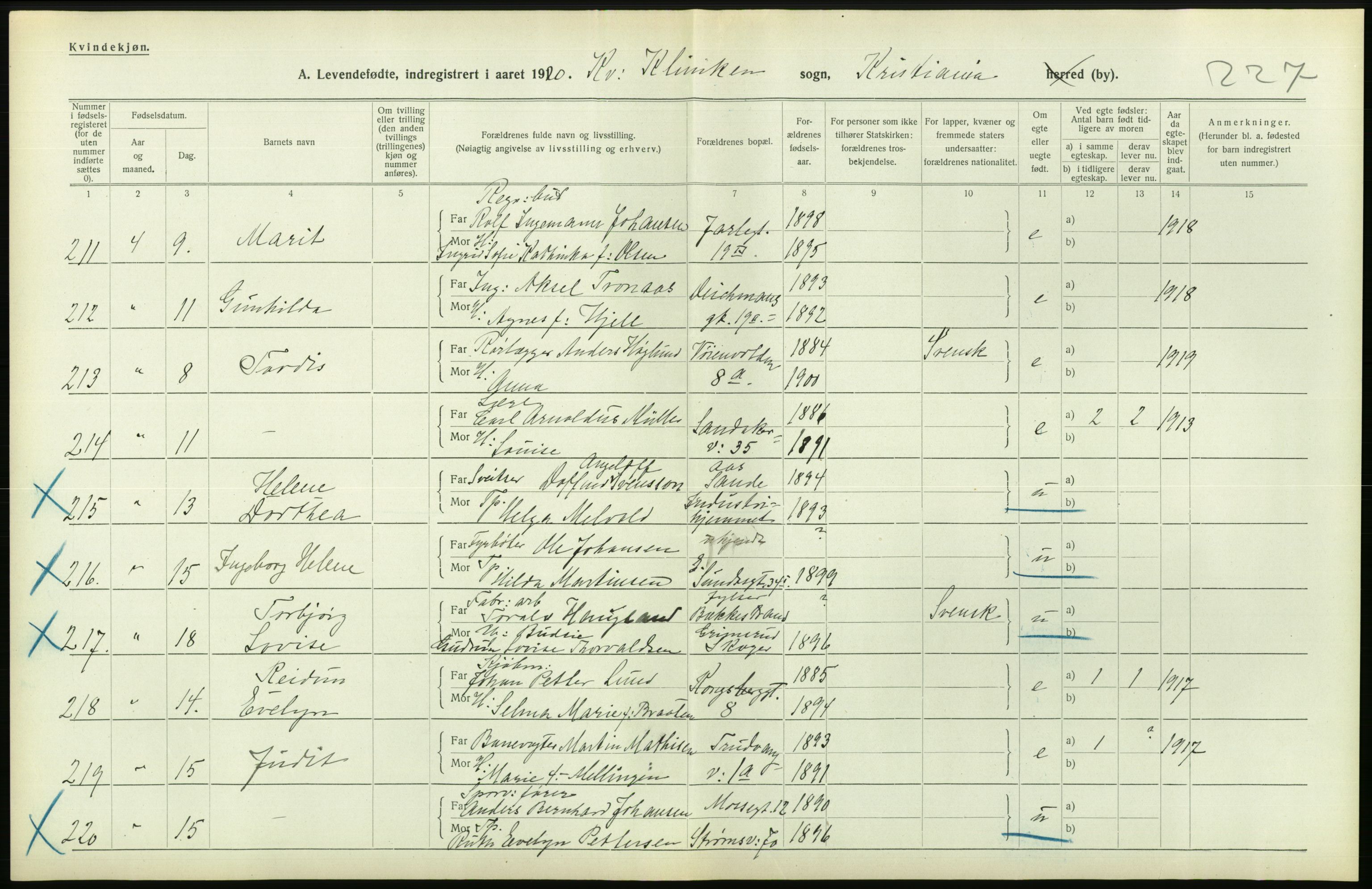 Statistisk sentralbyrå, Sosiodemografiske emner, Befolkning, AV/RA-S-2228/D/Df/Dfb/Dfbj/L0008: Kristiania: Levendefødte menn og kvinner., 1920, p. 572