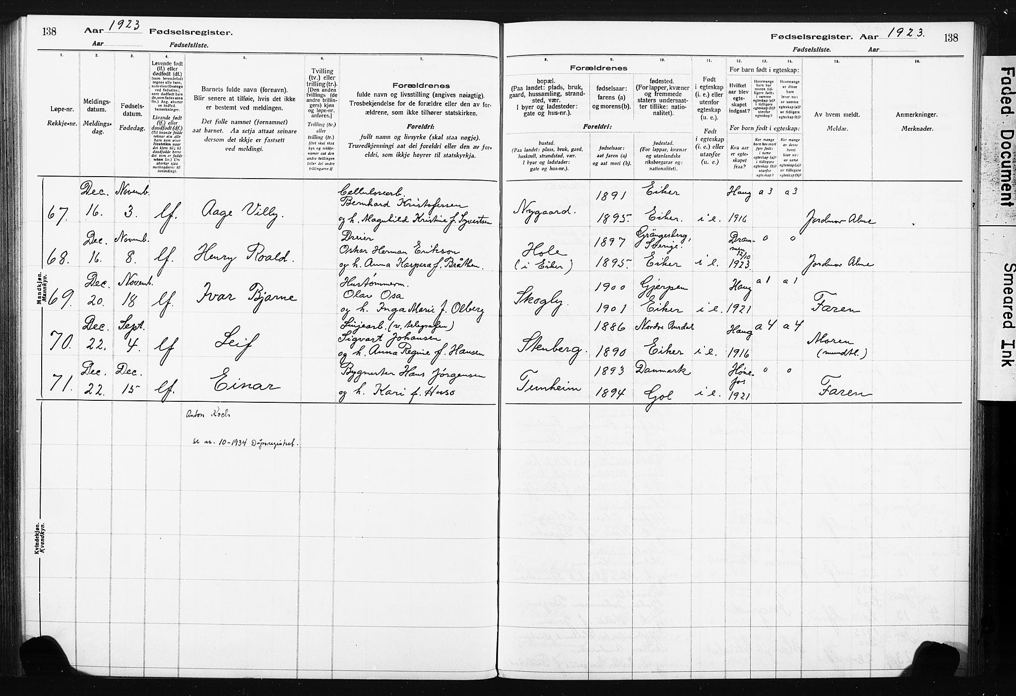 Eiker kirkebøker, AV/SAKO-A-4/J/Ja/L0001: Birth register no. I 1, 1916-1927, p. 138