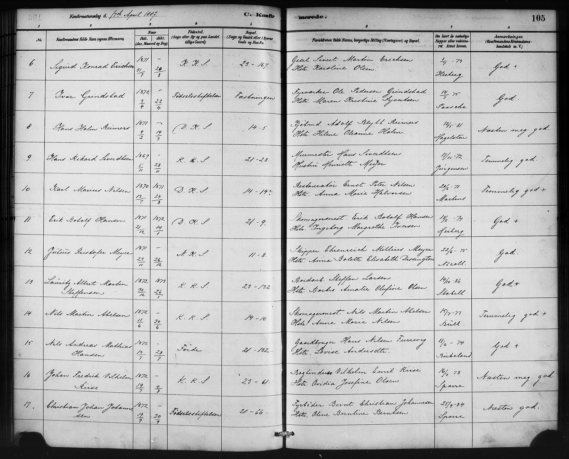 Korskirken sokneprestembete, AV/SAB-A-76101/H/Haa/L0029: Parish register (official) no. C 5, 1880-1892, p. 105