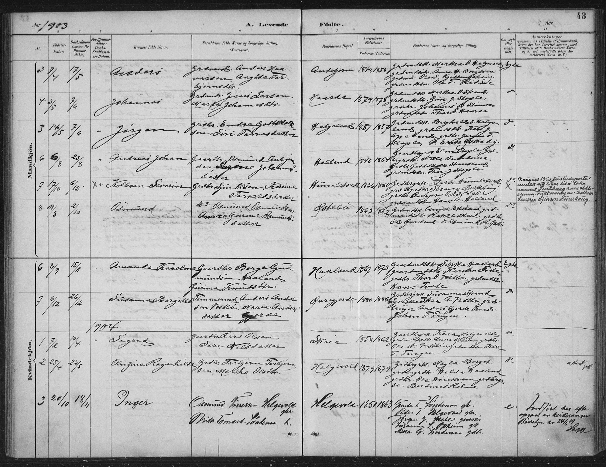 Vikedal sokneprestkontor, AV/SAST-A-101840/01/IV: Parish register (official) no. A 11, 1884-1933, p. 43