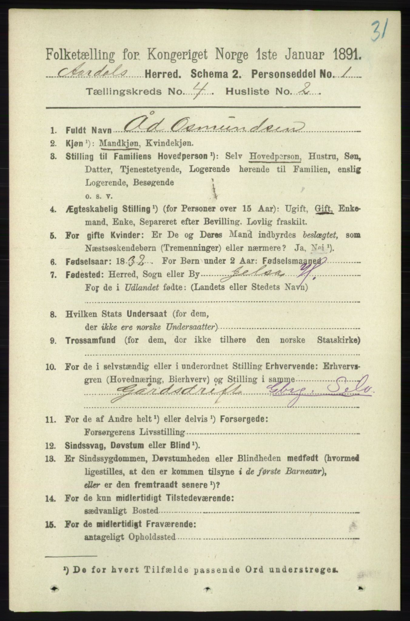 RA, 1891 census for 1131 Årdal, 1891, p. 1094