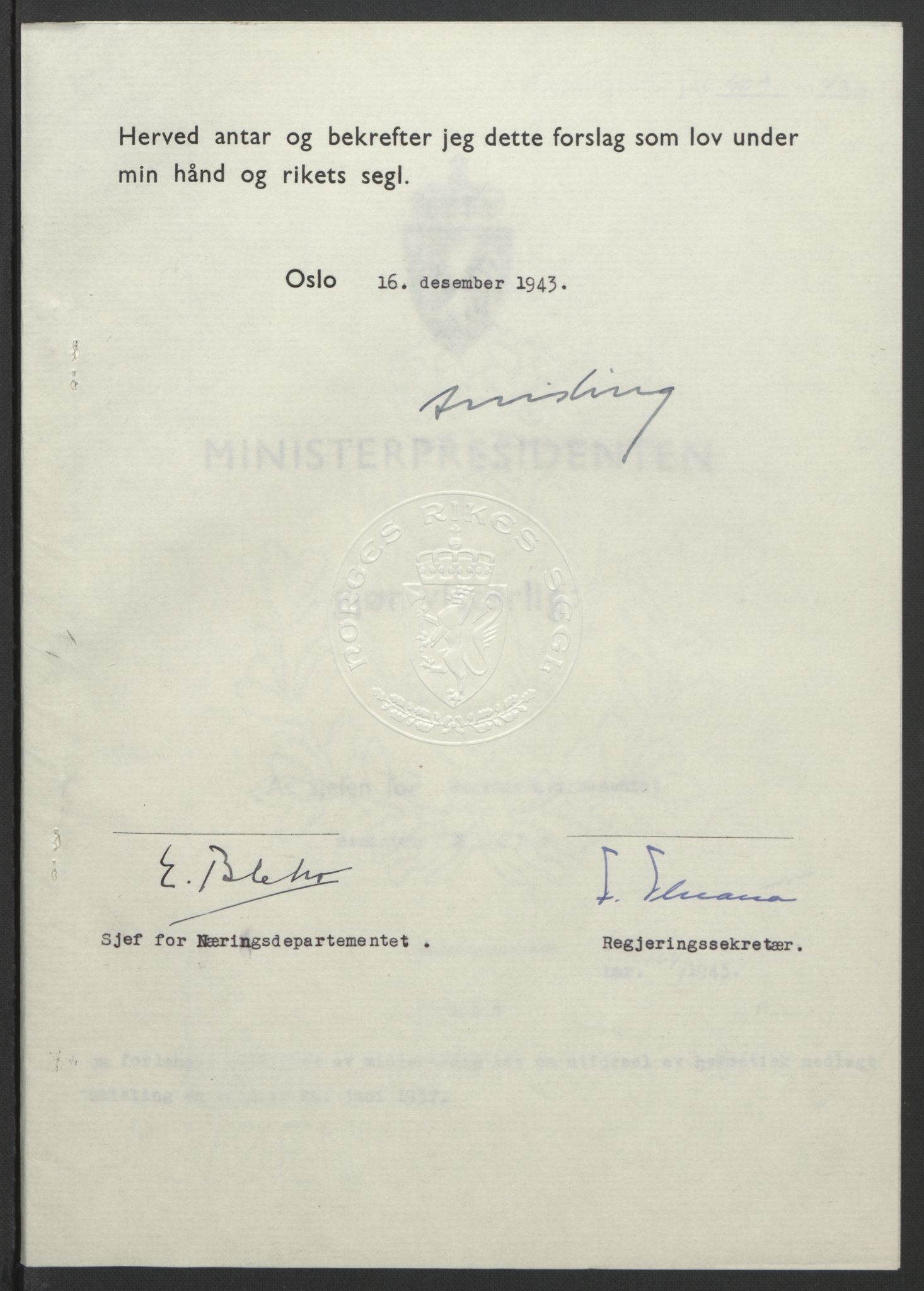 NS-administrasjonen 1940-1945 (Statsrådsekretariatet, de kommisariske statsråder mm), RA/S-4279/D/Db/L0099: Lover, 1943, p. 778