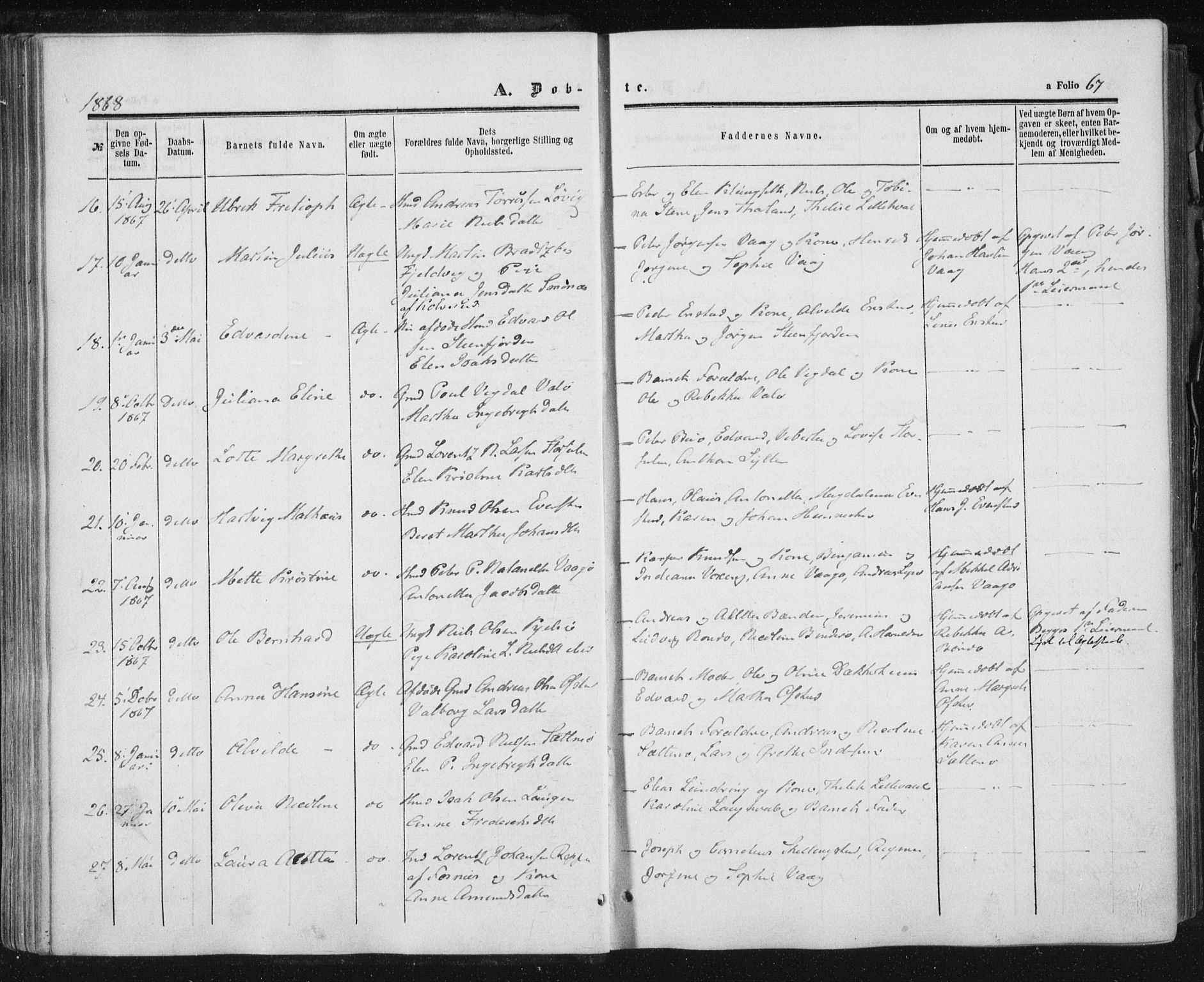 Ministerialprotokoller, klokkerbøker og fødselsregistre - Nord-Trøndelag, AV/SAT-A-1458/784/L0670: Parish register (official) no. 784A05, 1860-1876, p. 67