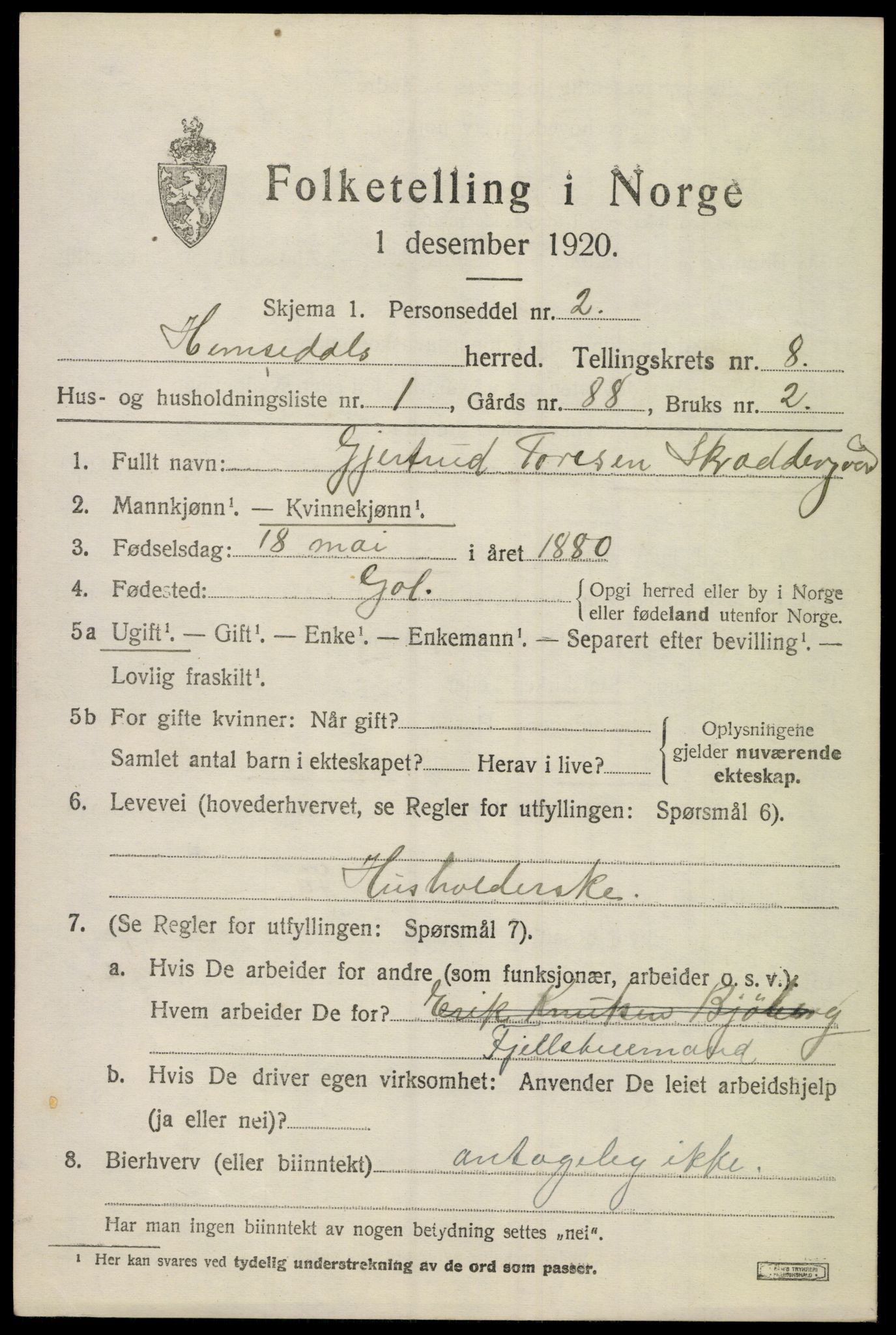 SAKO, 1920 census for Hemsedal, 1920, p. 3110