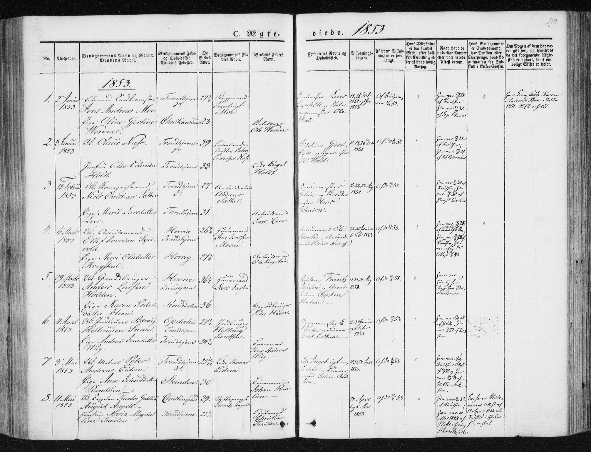 Ministerialprotokoller, klokkerbøker og fødselsregistre - Sør-Trøndelag, SAT/A-1456/602/L0110: Parish register (official) no. 602A08, 1840-1854, p. 219