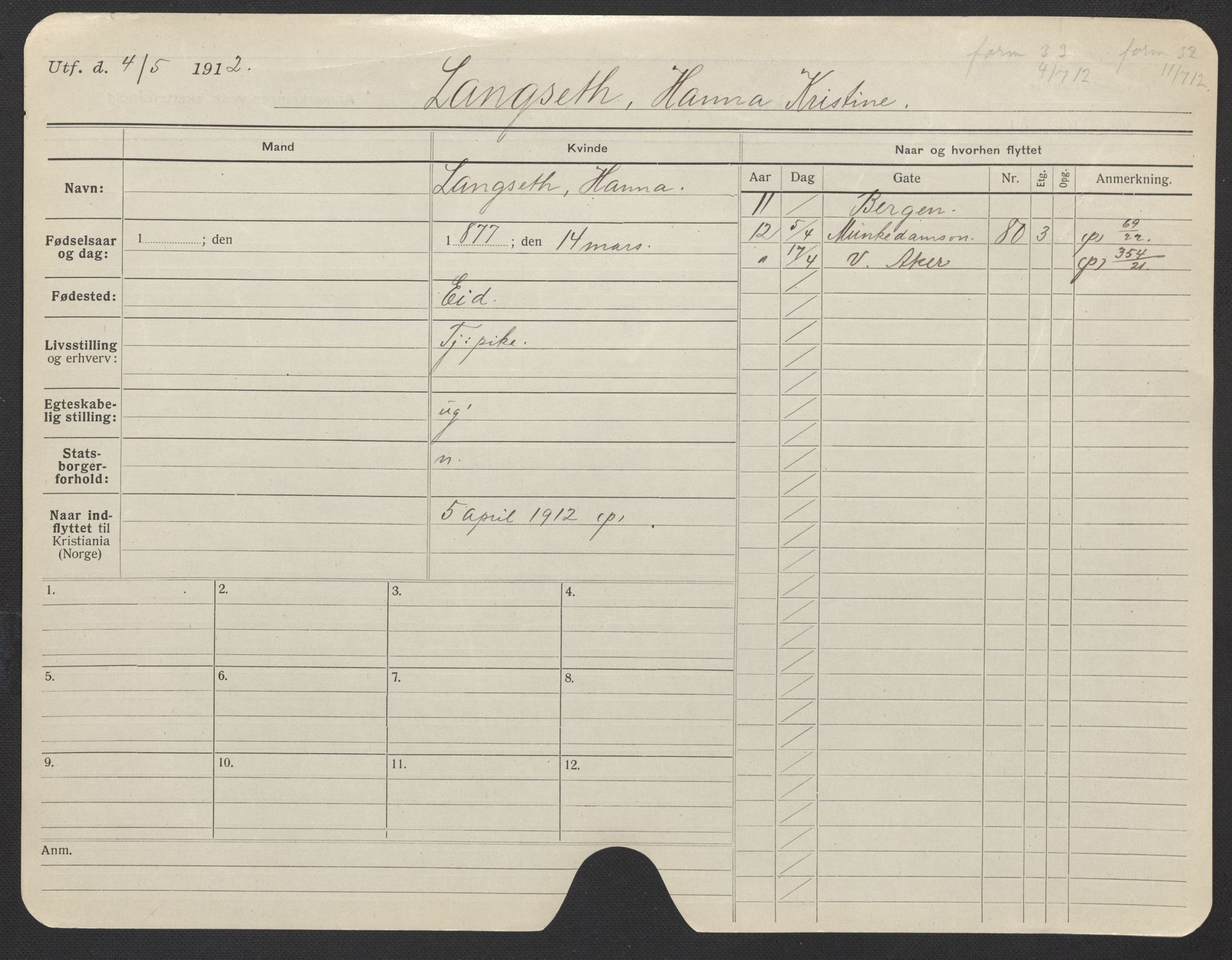 Oslo folkeregister, Registerkort, AV/SAO-A-11715/F/Fa/Fac/L0019: Kvinner, 1906-1914, p. 755a