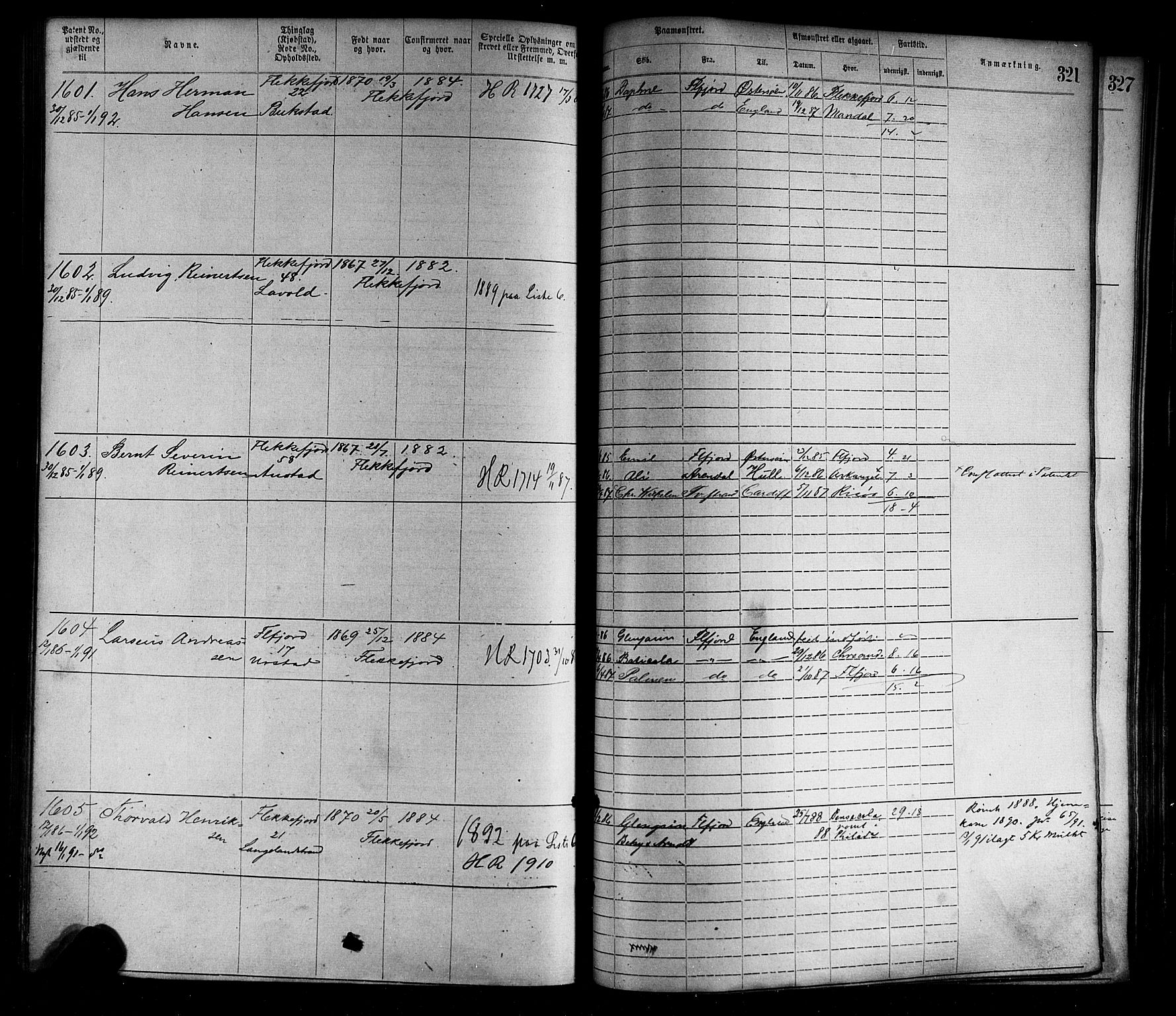 Flekkefjord mønstringskrets, SAK/2031-0018/F/Fa/L0002: Annotasjonsrulle nr 1-1920 med register, N-2, 1870-1891, p. 354