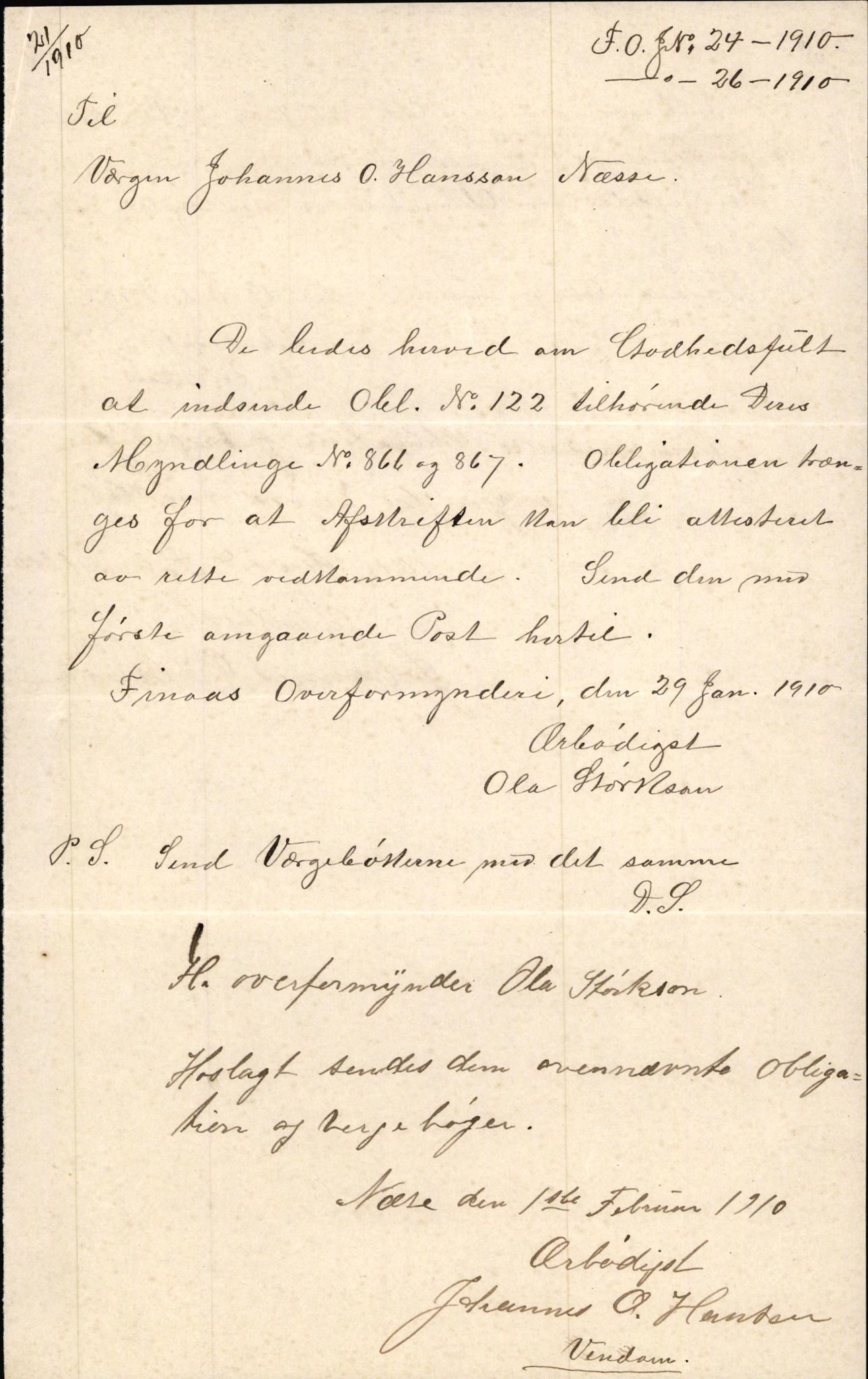 Finnaas kommune. Overformynderiet, IKAH/1218a-812/D/Da/Daa/L0002/0004: Kronologisk ordna korrespondanse / Kronologisk ordna korrespondanse, 1910-1913, p. 11