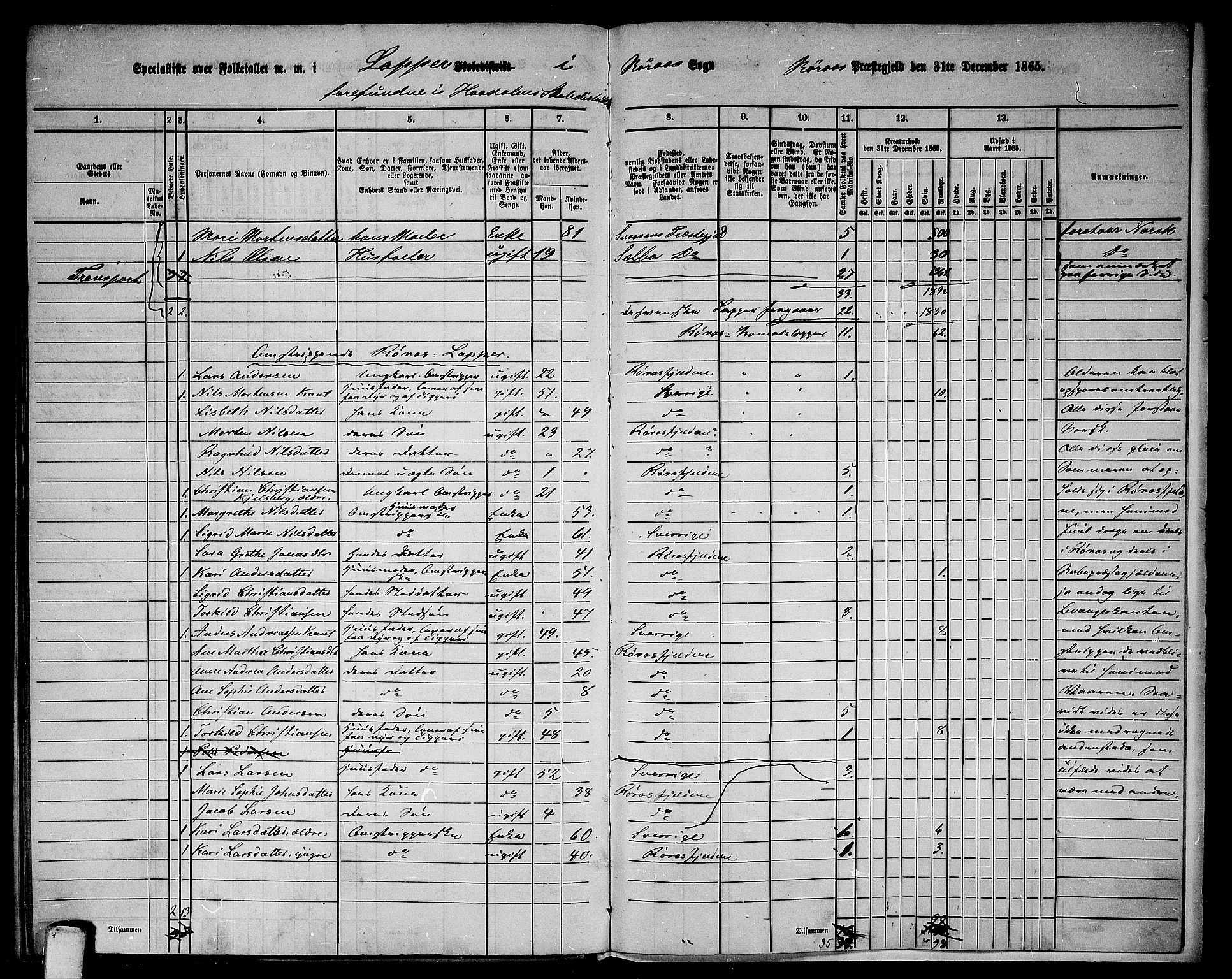 RA, 1865 census for Røros, 1865, p. 168