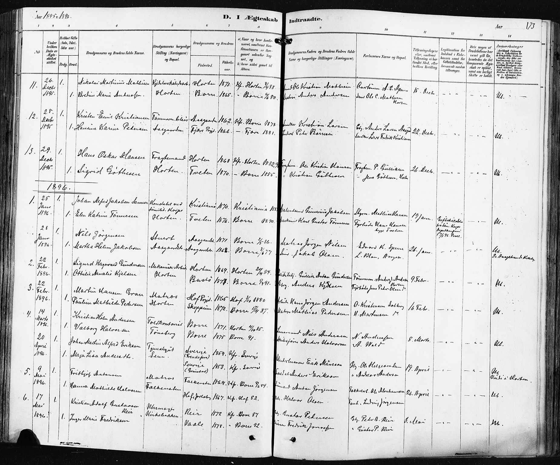 Borre kirkebøker, AV/SAKO-A-338/F/Fa/L0009: Parish register (official) no. I 9, 1878-1896, p. 173