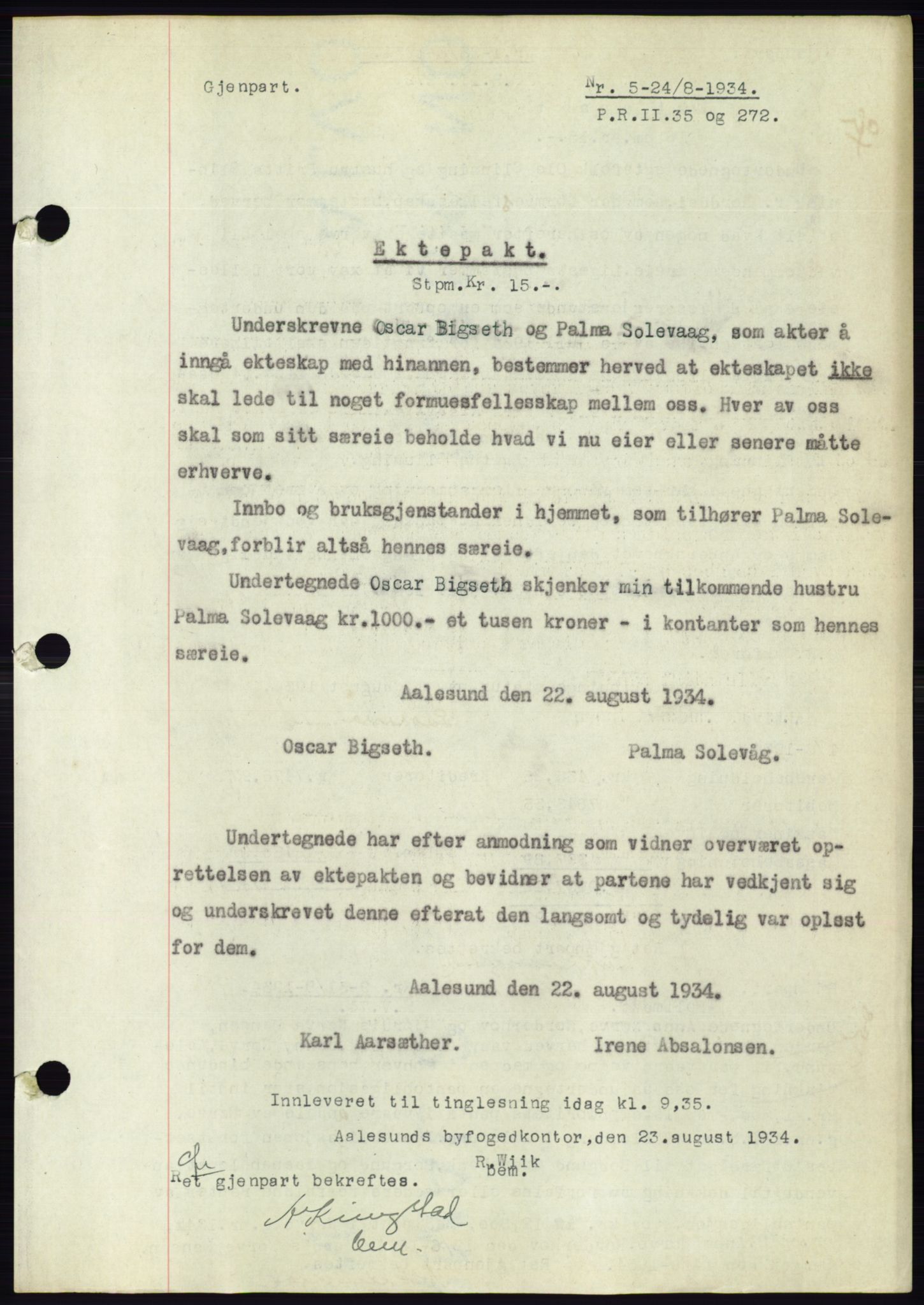 Ålesund byfogd, AV/SAT-A-4384: Mortgage book no. 31, 1933-1934, Deed date: 24.08.1934