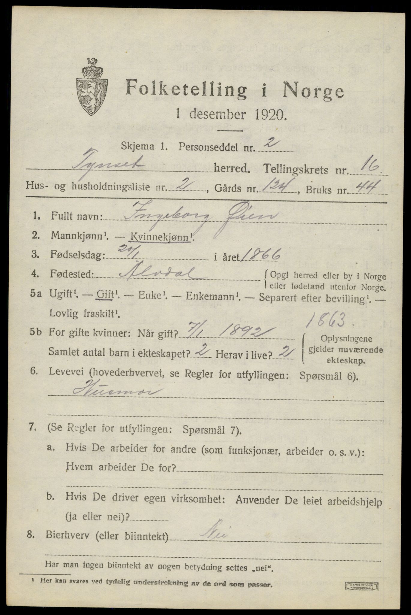 SAH, 1920 census for Tynset, 1920, p. 9678