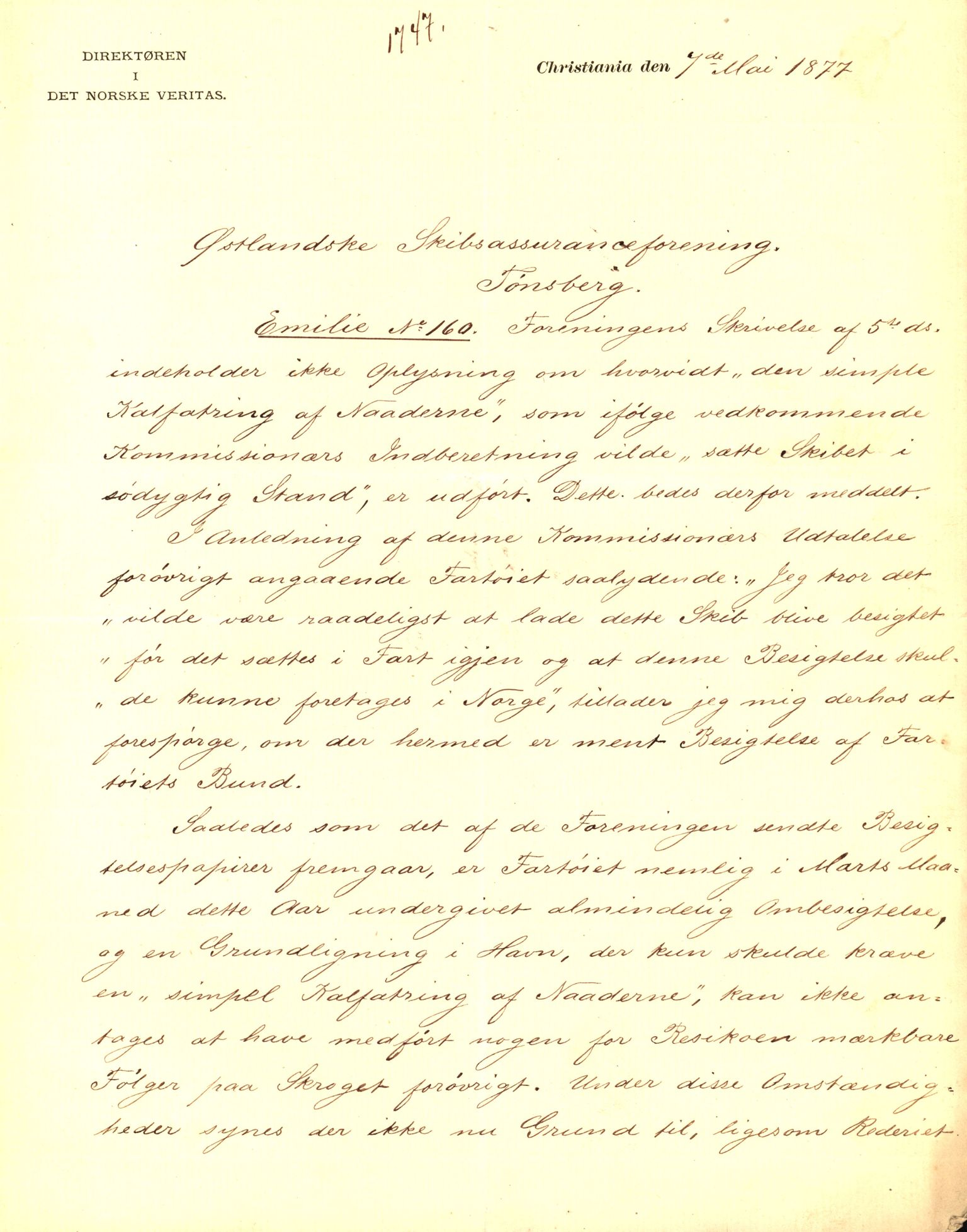 Pa 63 - Østlandske skibsassuranceforening, VEMU/A-1079/G/Ga/L0009/0023: Havaridokumenter / Emilie, 1877