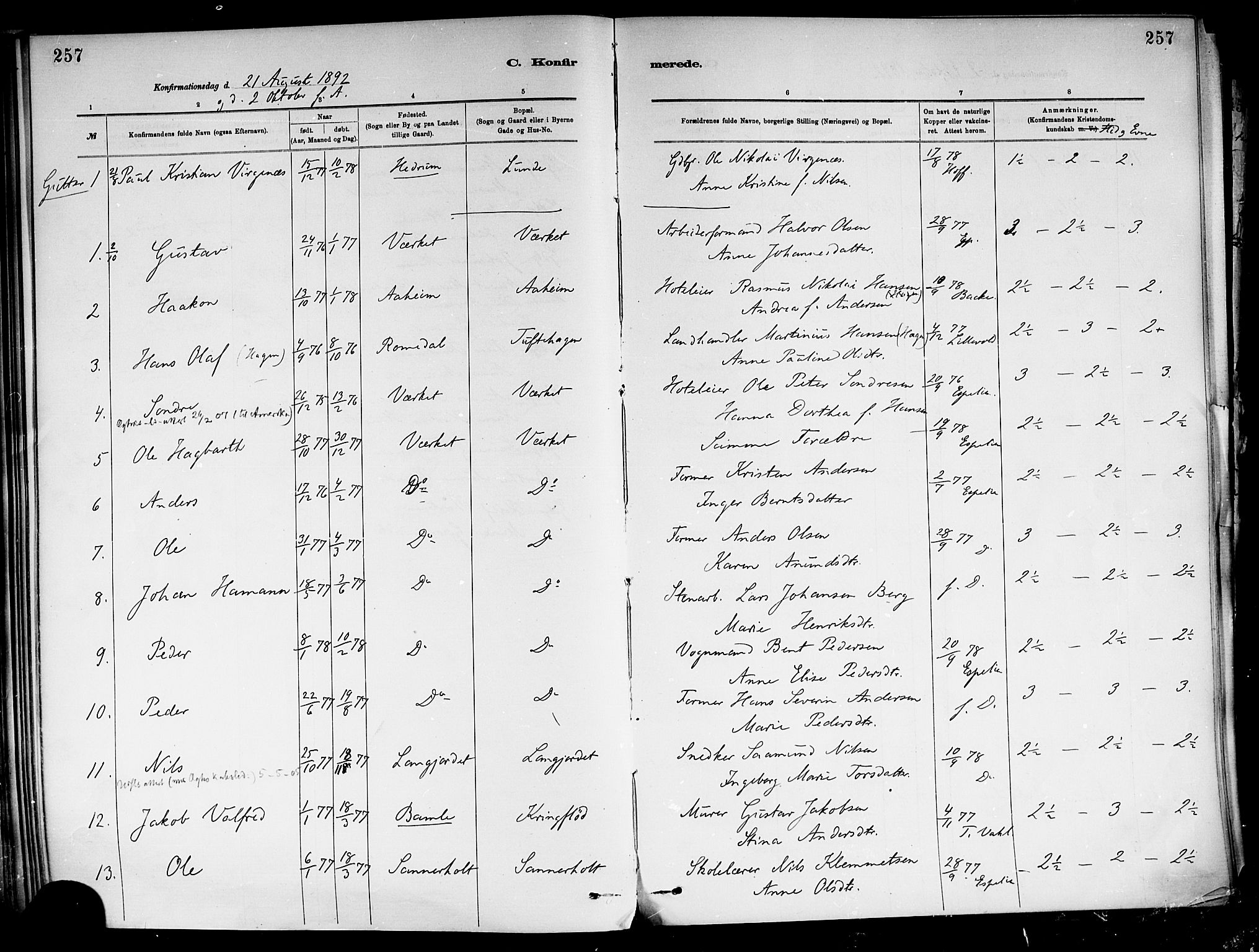 Holla kirkebøker, SAKO/A-272/F/Fa/L0008: Parish register (official) no. 8, 1882-1897, p. 257