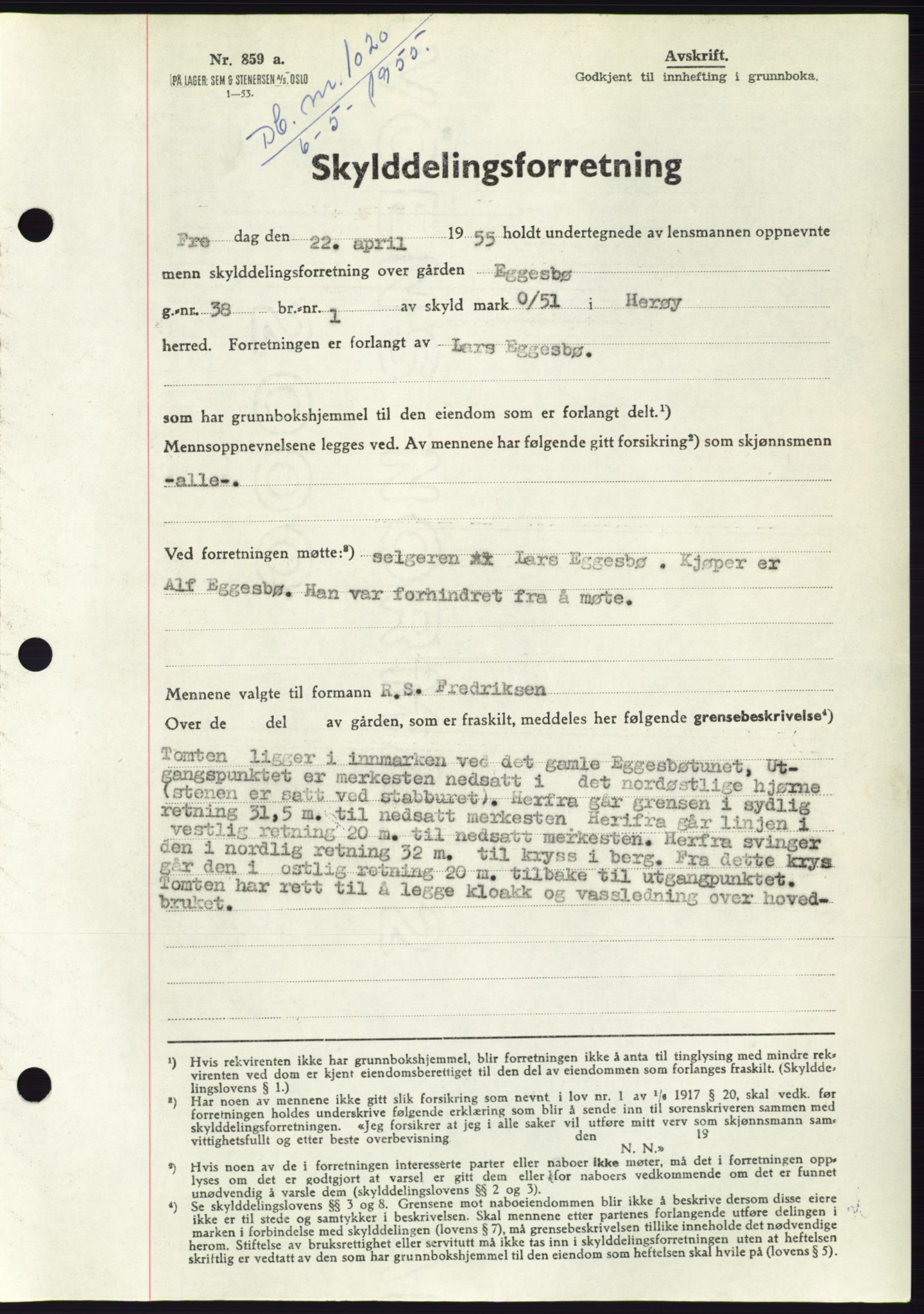 Søre Sunnmøre sorenskriveri, AV/SAT-A-4122/1/2/2C/L0100: Mortgage book no. 26A, 1954-1955, Diary no: : 1020/1955