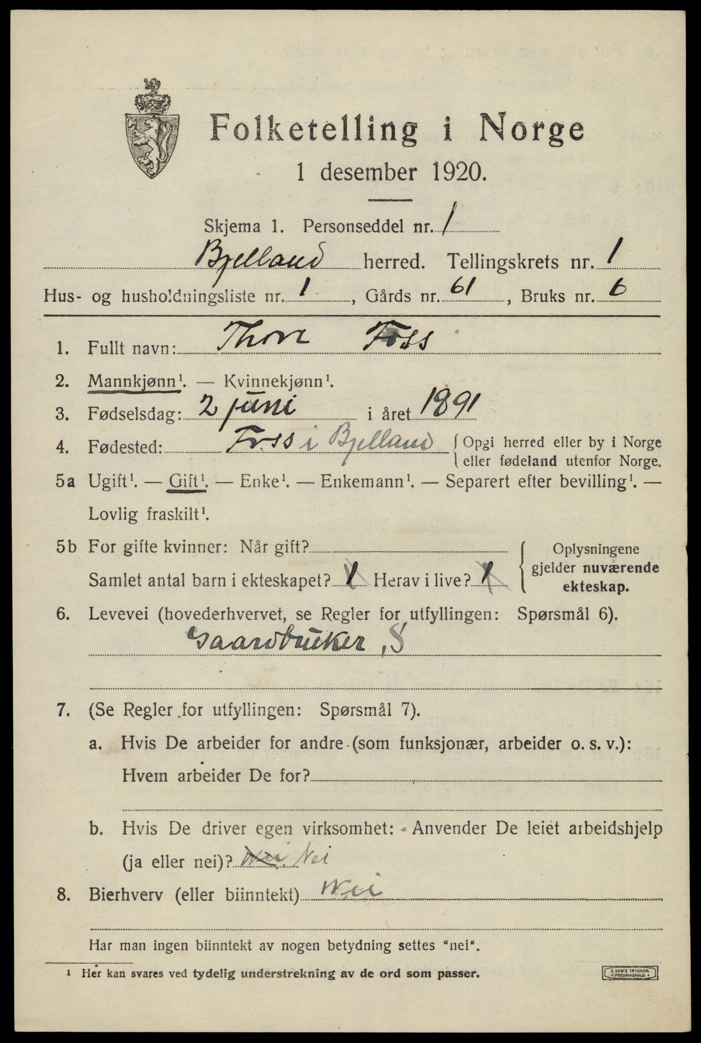 SAK, 1920 census for Bjelland, 1920, p. 417