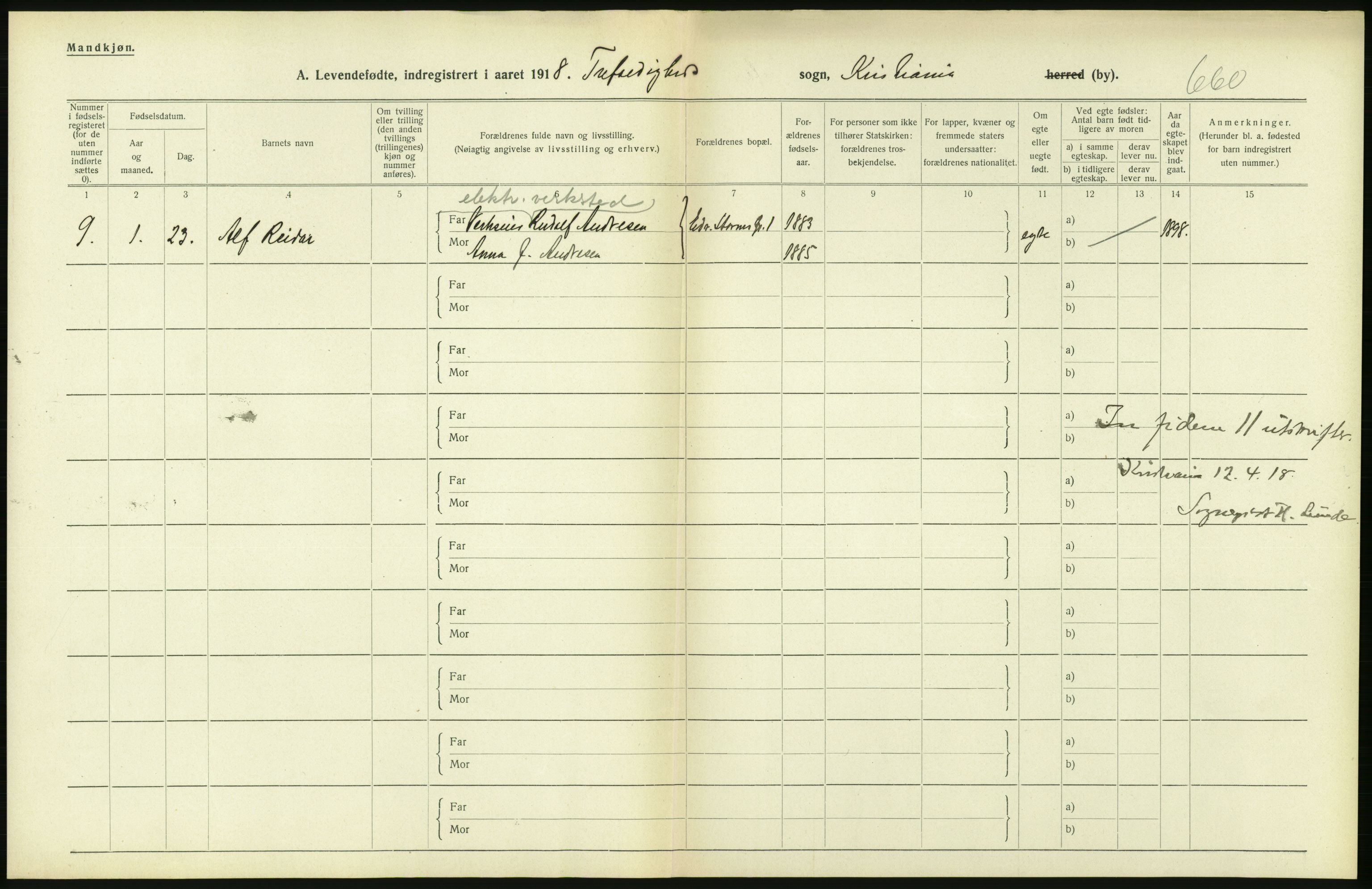 Statistisk sentralbyrå, Sosiodemografiske emner, Befolkning, AV/RA-S-2228/D/Df/Dfb/Dfbh/L0008: Kristiania: Levendefødte menn og kvinner., 1918, p. 258